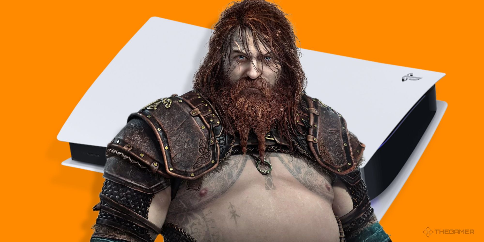 Thor from God of War: Ragnarok standing on an orange background in front of a PS5