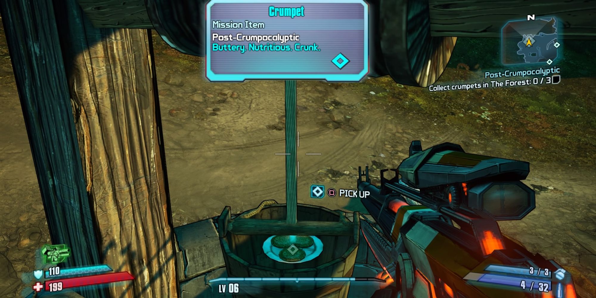 Tiny Tina's Assault On Dragon Keep a POV shot of a plate of crumpets coming out of a well with a blue text box above them detailing the crumpets