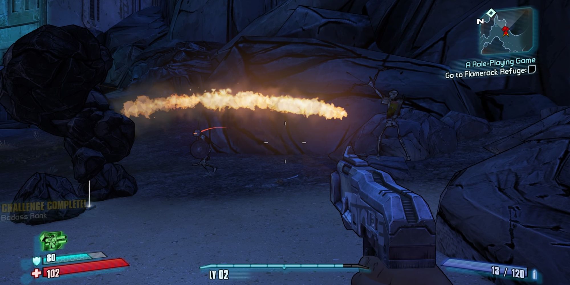 Tiny Tina's Assault On Dragon Keep a POV shot of a Rock Golem shooting flames at two approaching skeletons against a rocky backdrop