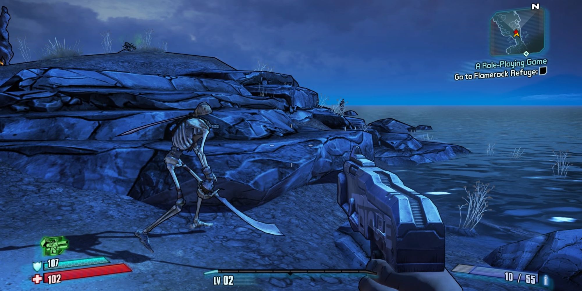Tiny Tina's Assault On Dragon Keep a POV shot of a headless skeleton walking around a rocky beach at night with a cutlass in one hand and the sea off to its right