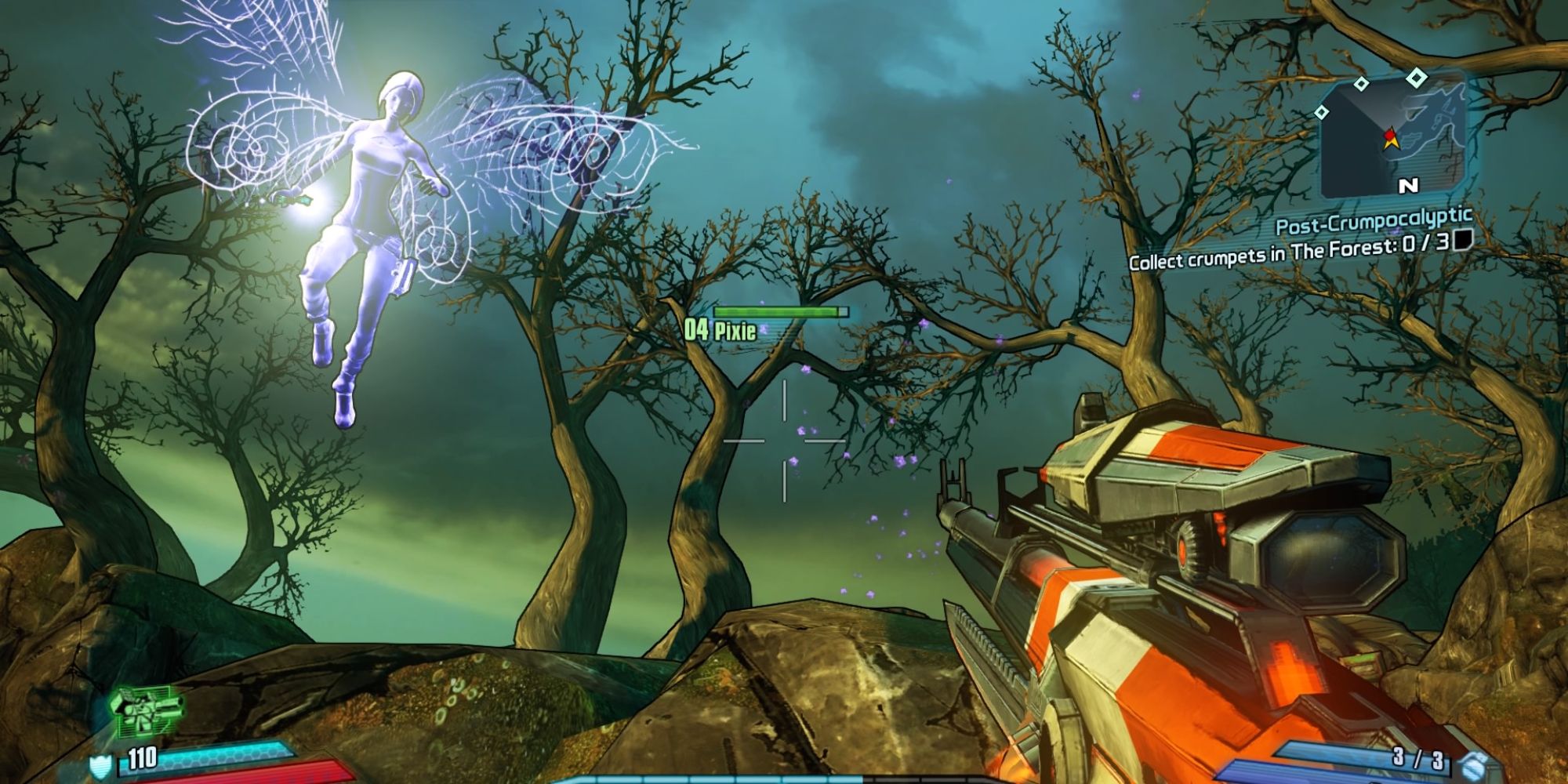 Tiny Tina's Assault On Dragon Keep a POV shot of a flying pixie at the top left of the frame with dead trees and a murky green sky behind it
