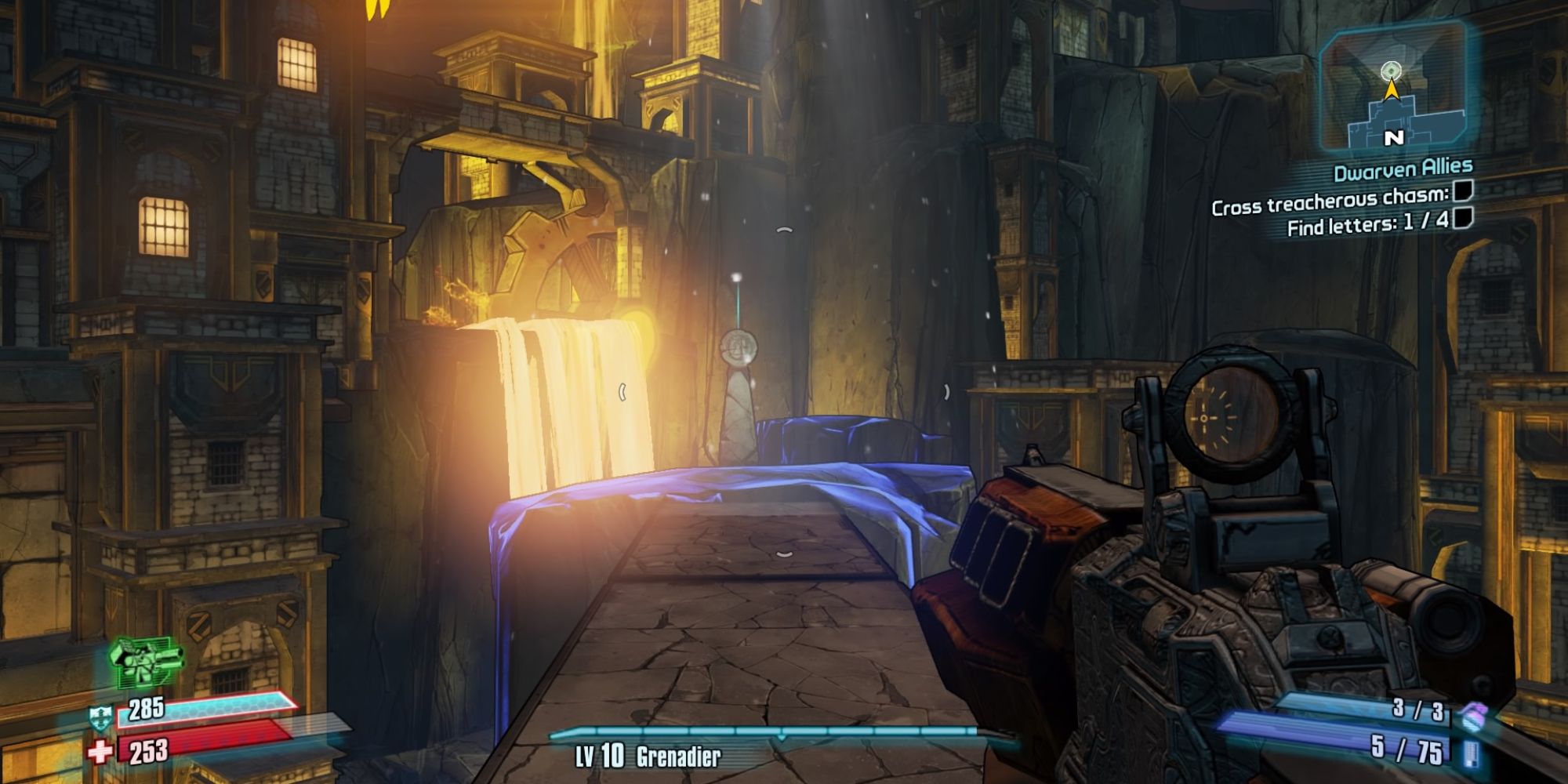 Tiny Tina's Assault On Dragon Keep a POV shot of a stone walkway leading to a rune at the very edge with a Dwarven city and lava in the background