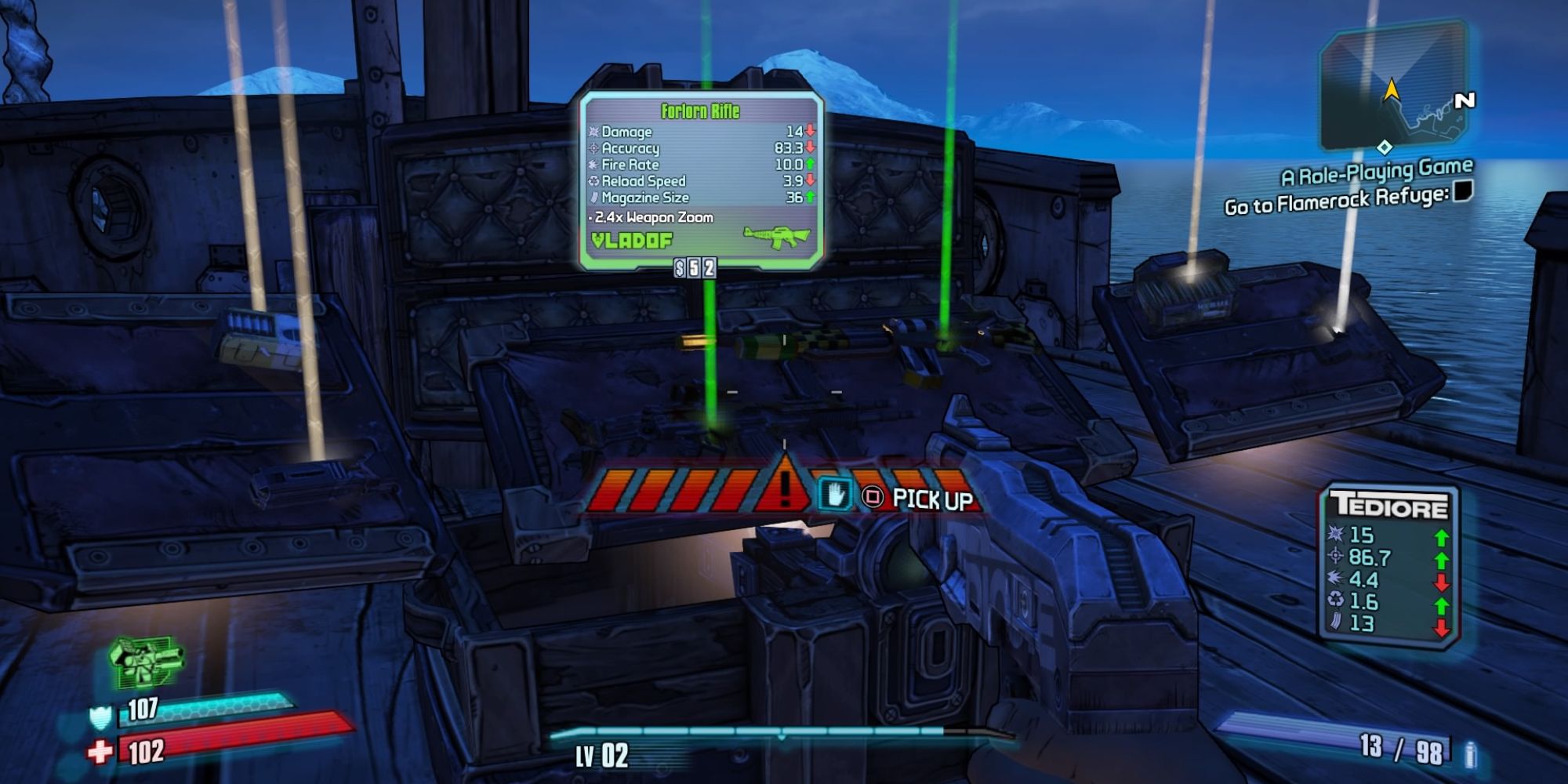 Tiny Tina's Assault On Dragon Keep a POV shot of an opened treasure chest with numerous guns and items scattered within each one having a different coloured line coming out of it