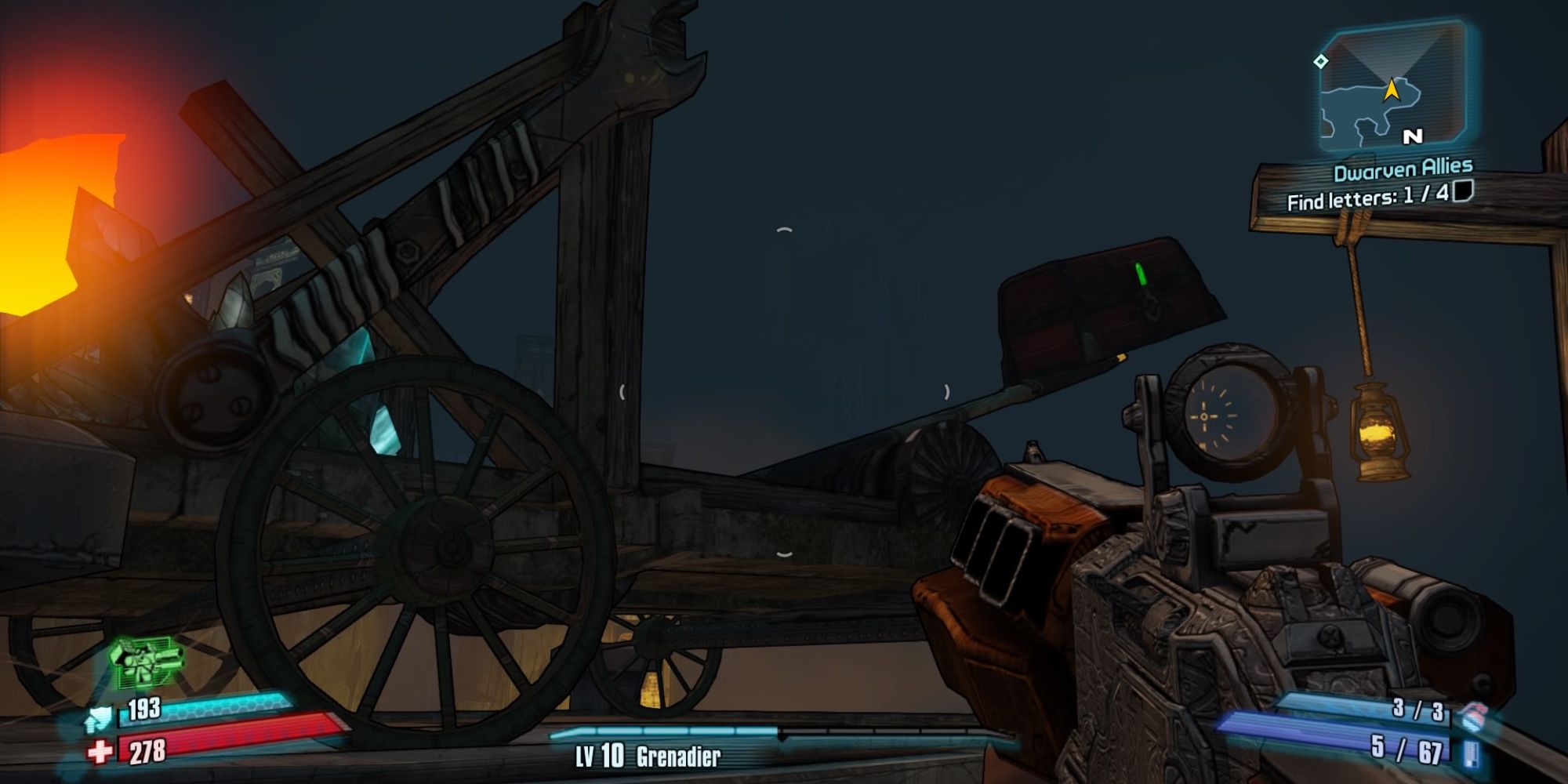 Tiny Tina's Assault On Dragon Keep a POV shot of a wooden trebuchet holding a treasure chest in its launcher against a dark backdrop with lava off in the distance