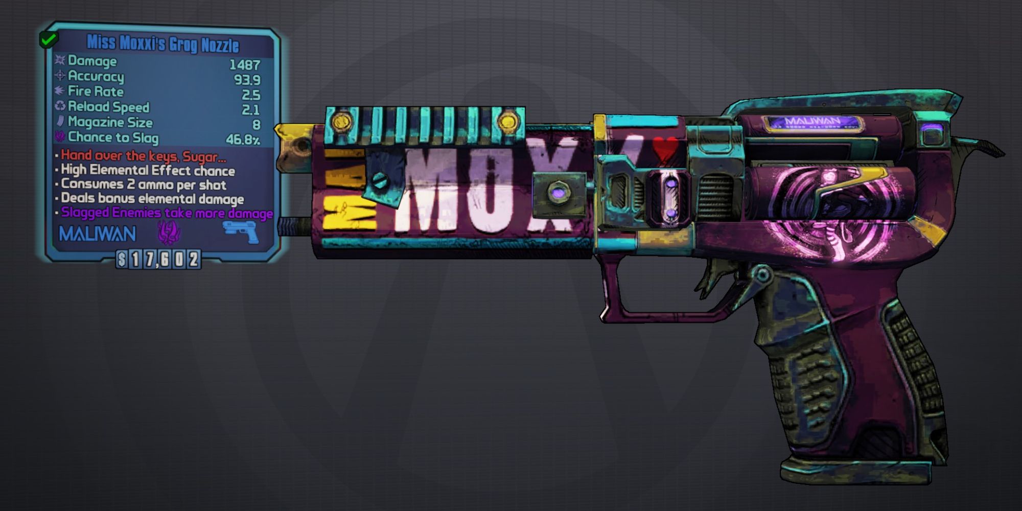 Tiny Tina's Assault On Dragon Keep a large purple pistol with the word Moxxi written in white across its teal and yellow barrel with a box in the top left detailing its abilities