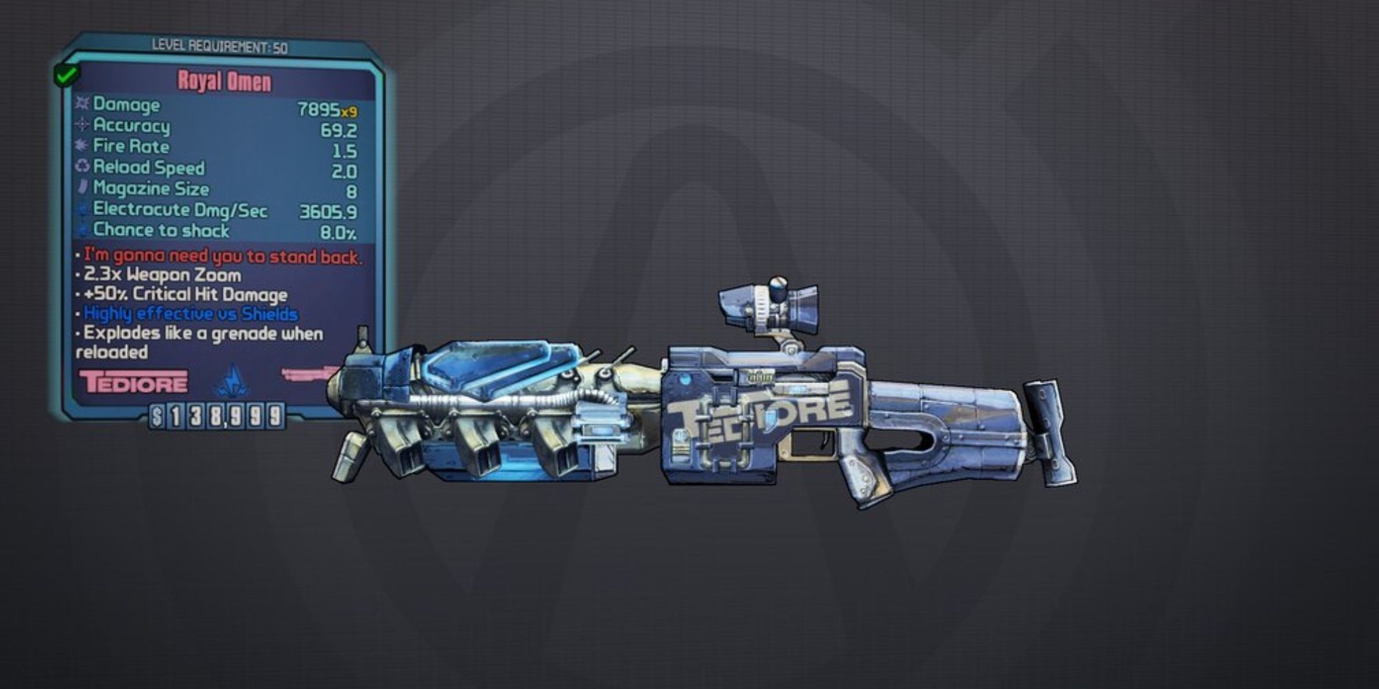 Tiny Tina's Assault On Dragon Keep a mid shot of the shotgun Omen with a blue body and a scope on the top against a black background