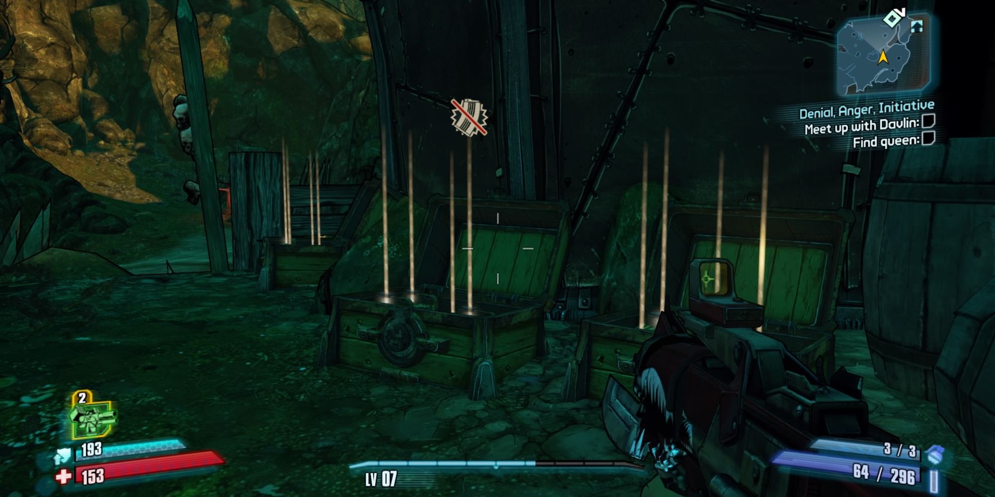Tiny Tina's Assualt On Dragon Keep a POV shot of three opened chests each with glowing yellow lines coming from within them