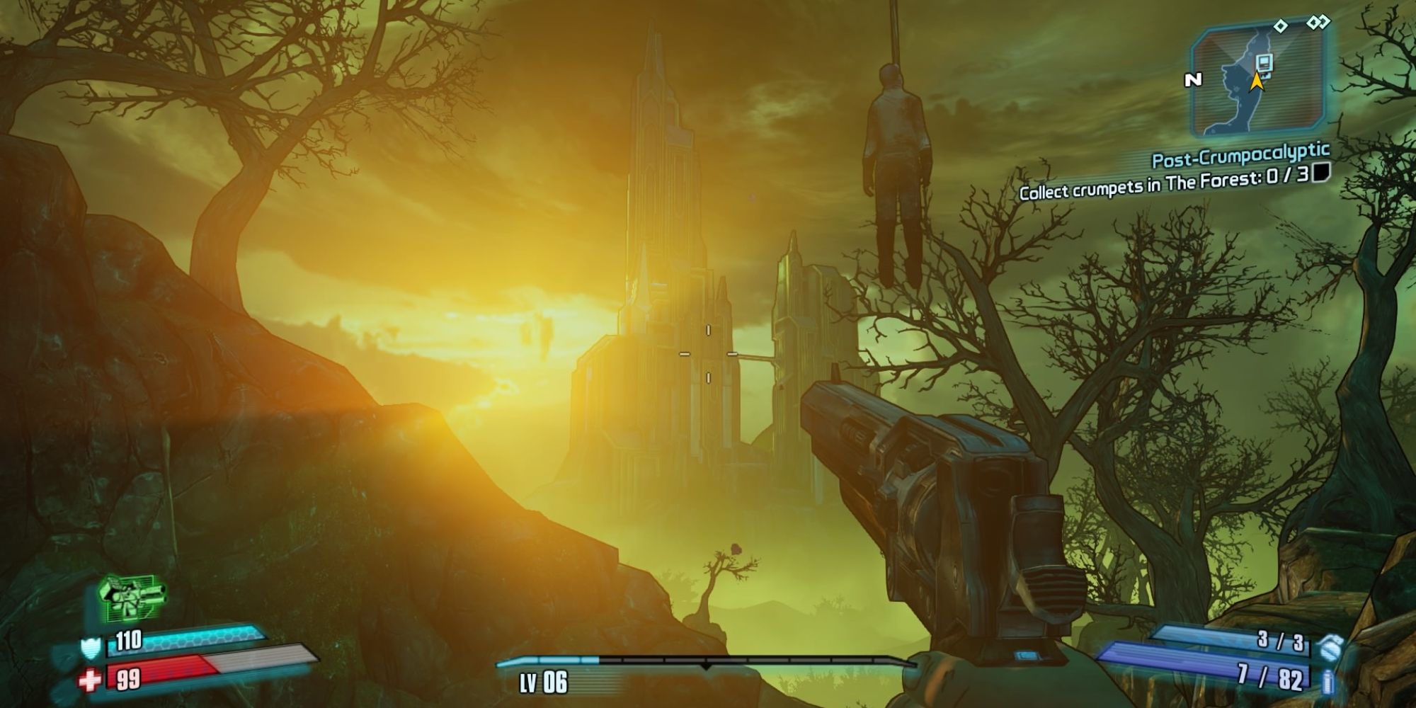 Tiny Tina's Assualt On Dragon Keep a POV shot of a forest with a hanging body dangling from a tree on the right of the frame and two imposing towers off in the distance in front of bright sunlight