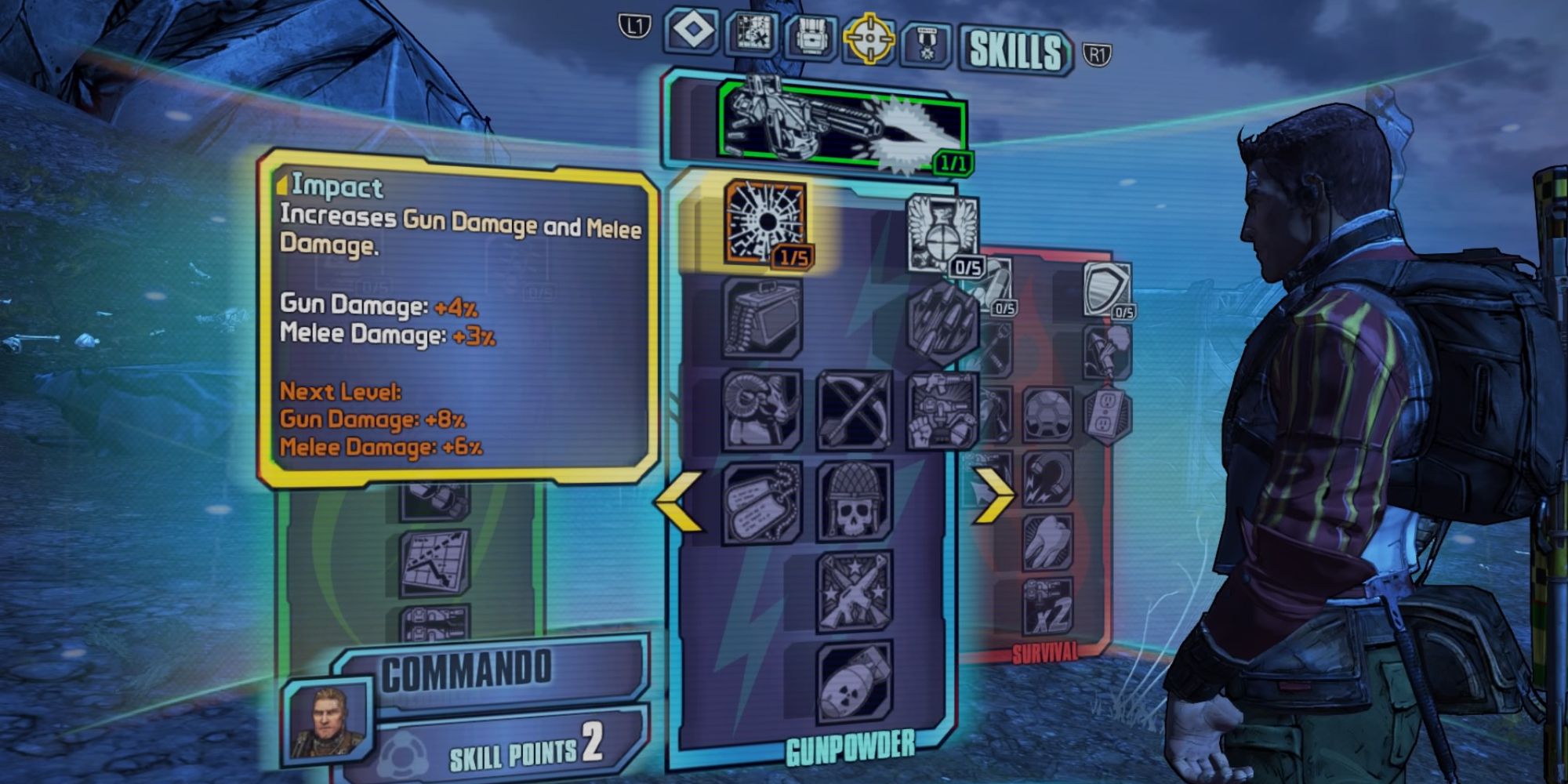 Tiny Tina's Assualt On Dragon Keep a wide shot of a menu detailing various skills that can be levelled up with the player's character on the right hand side of the frame