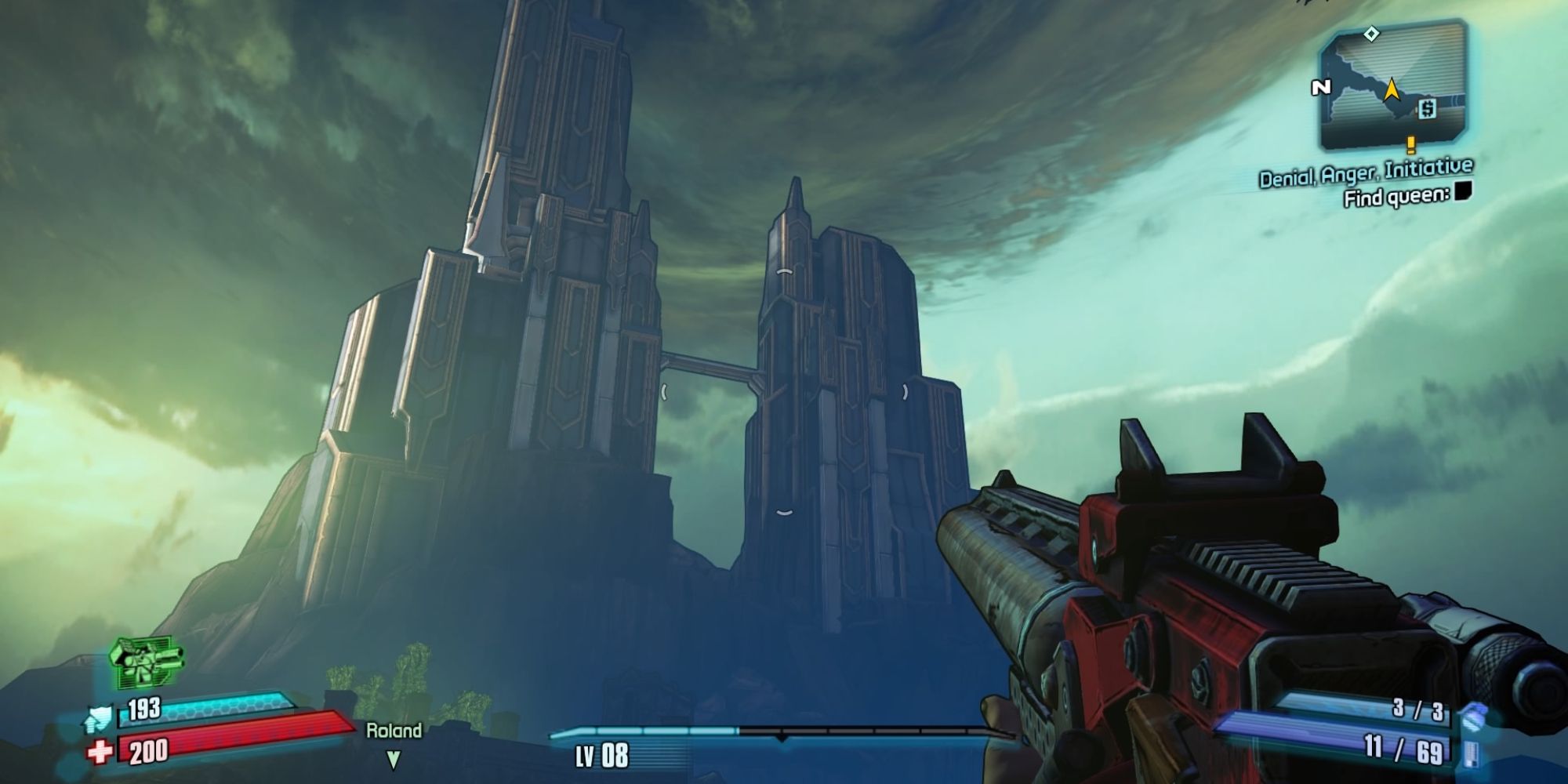 Tiny Tina's Assualt On Dragon Keep a POV shot of two large imposing towers looming over the player against a gloomy teal sky backdrop