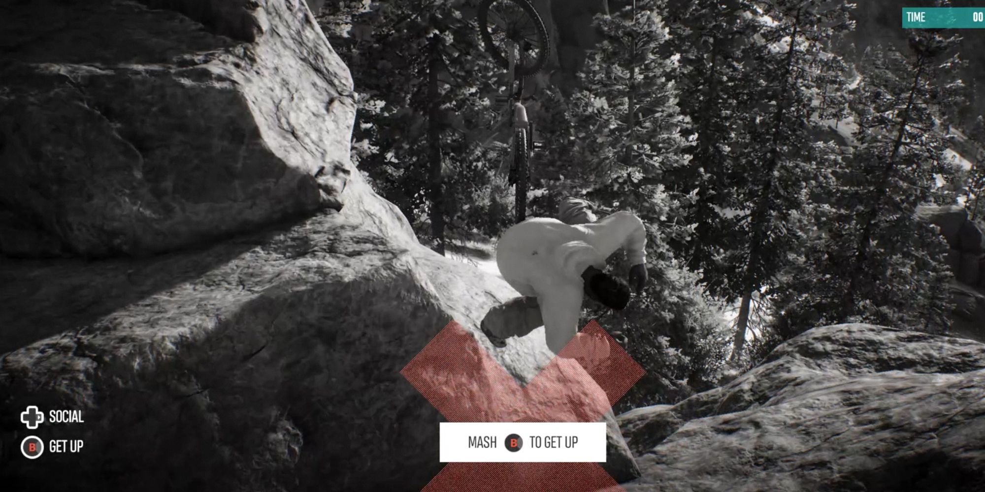 Riders Republic. Character falling off a bike after crashing into a rock.