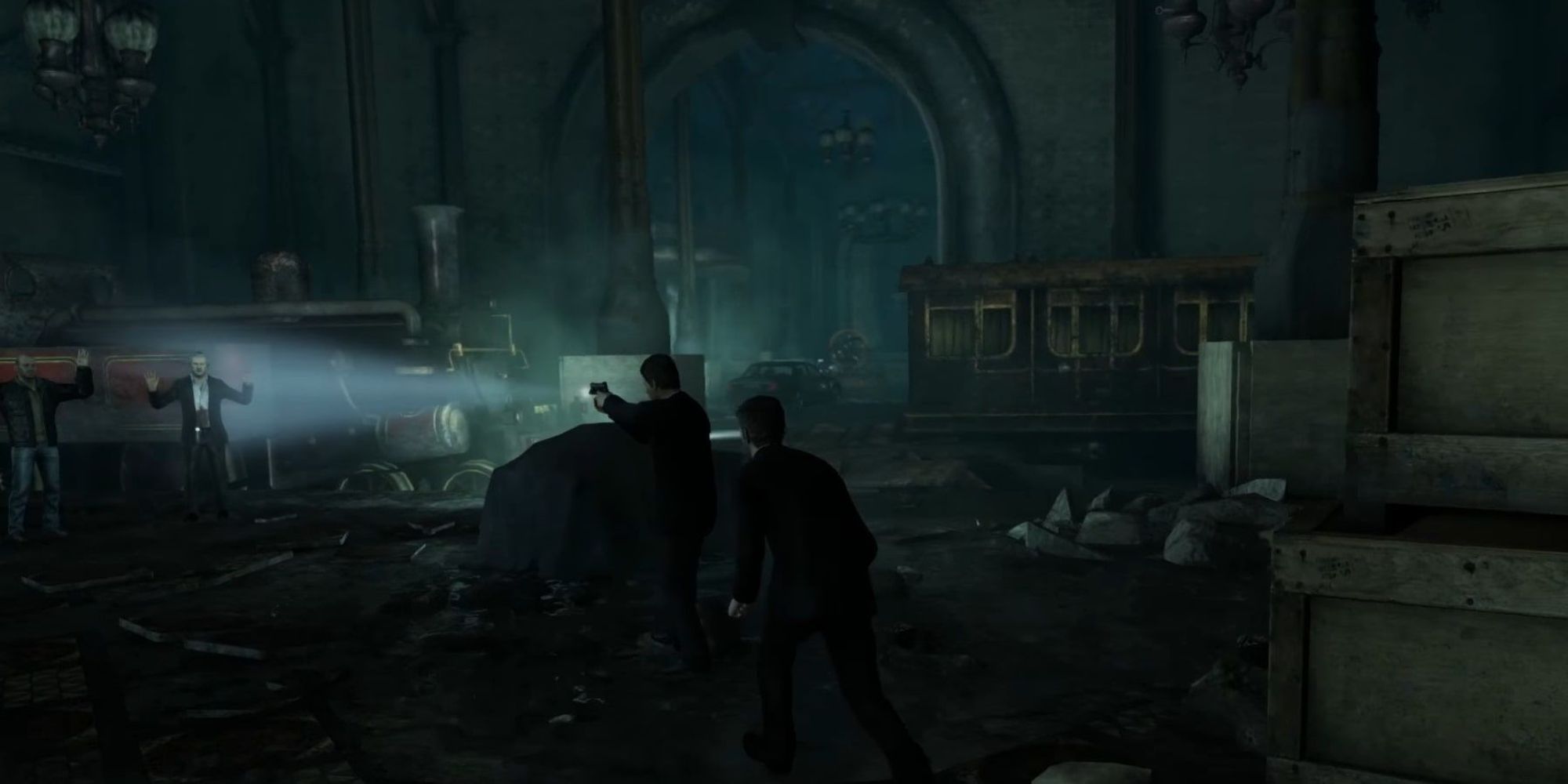 Nathan Drake sneaking up on a guard with Sully's help in Uncharted 3: Drake's Deception