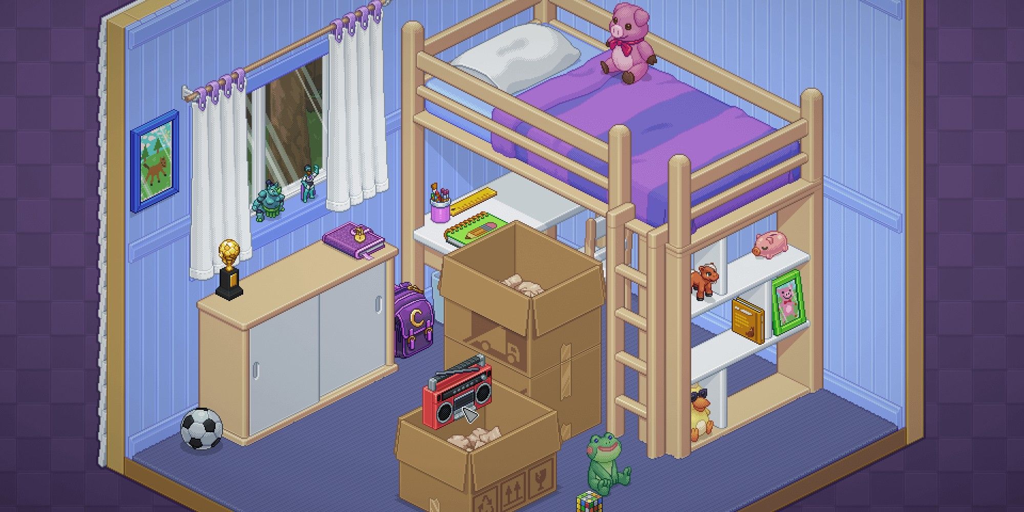 Shows the first level of Unpacking with the boxes still mostly full.