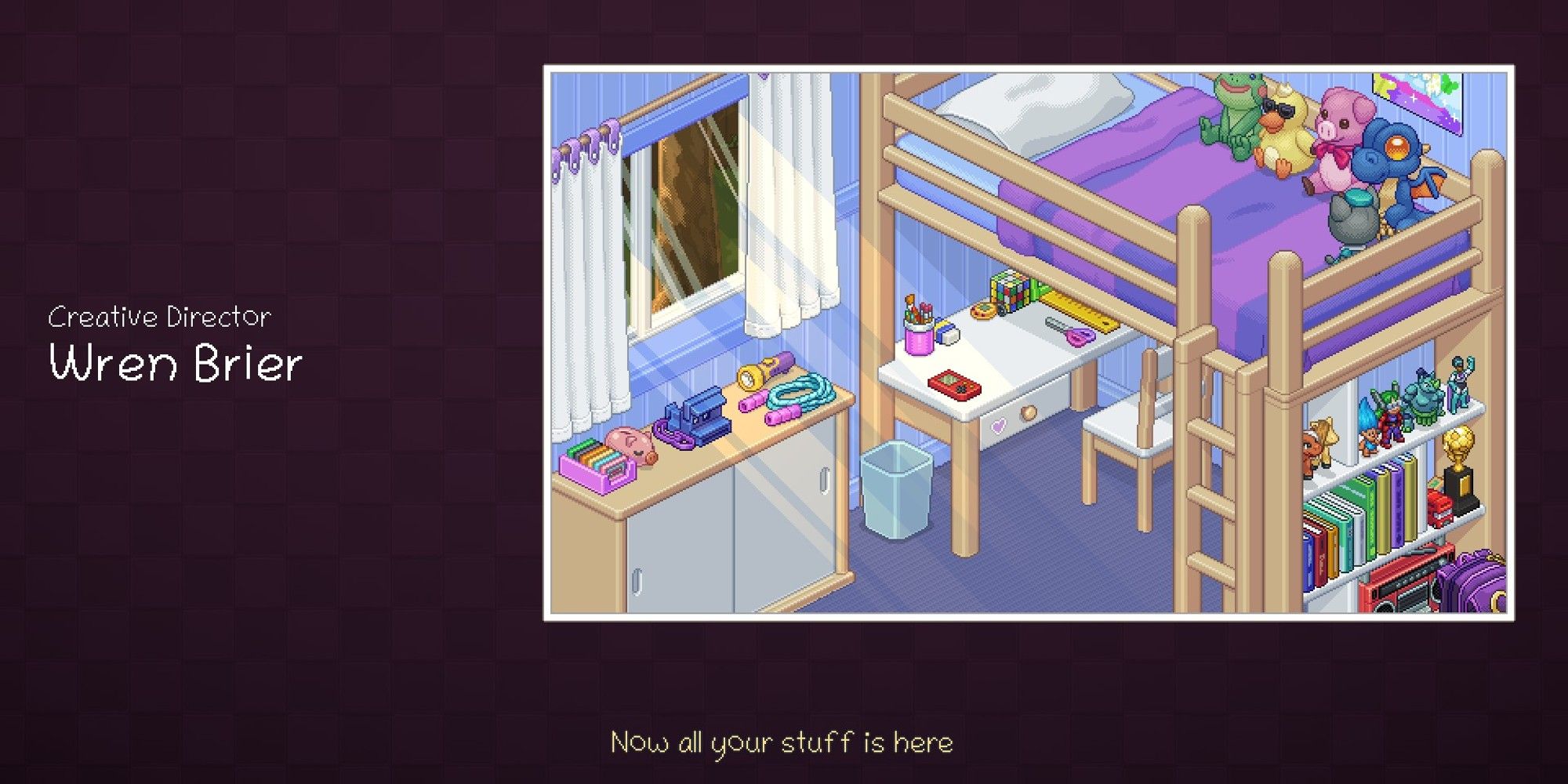 Credits Screen of Unpacking showing a screenshot of the finished room and credits to Wren Brier, the creative director.
