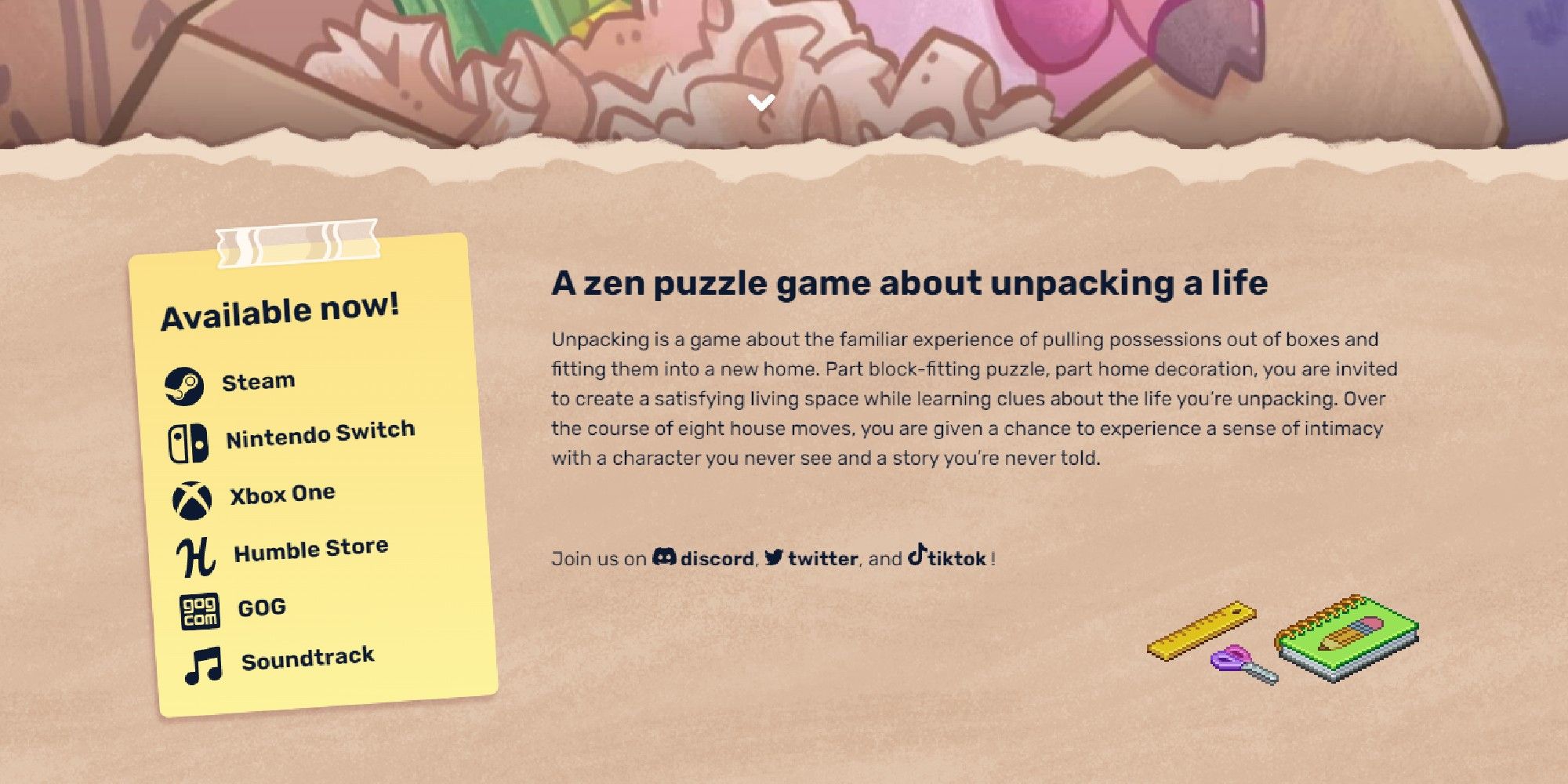 A Screenshot from the official site that lists where Unpacking is available on.