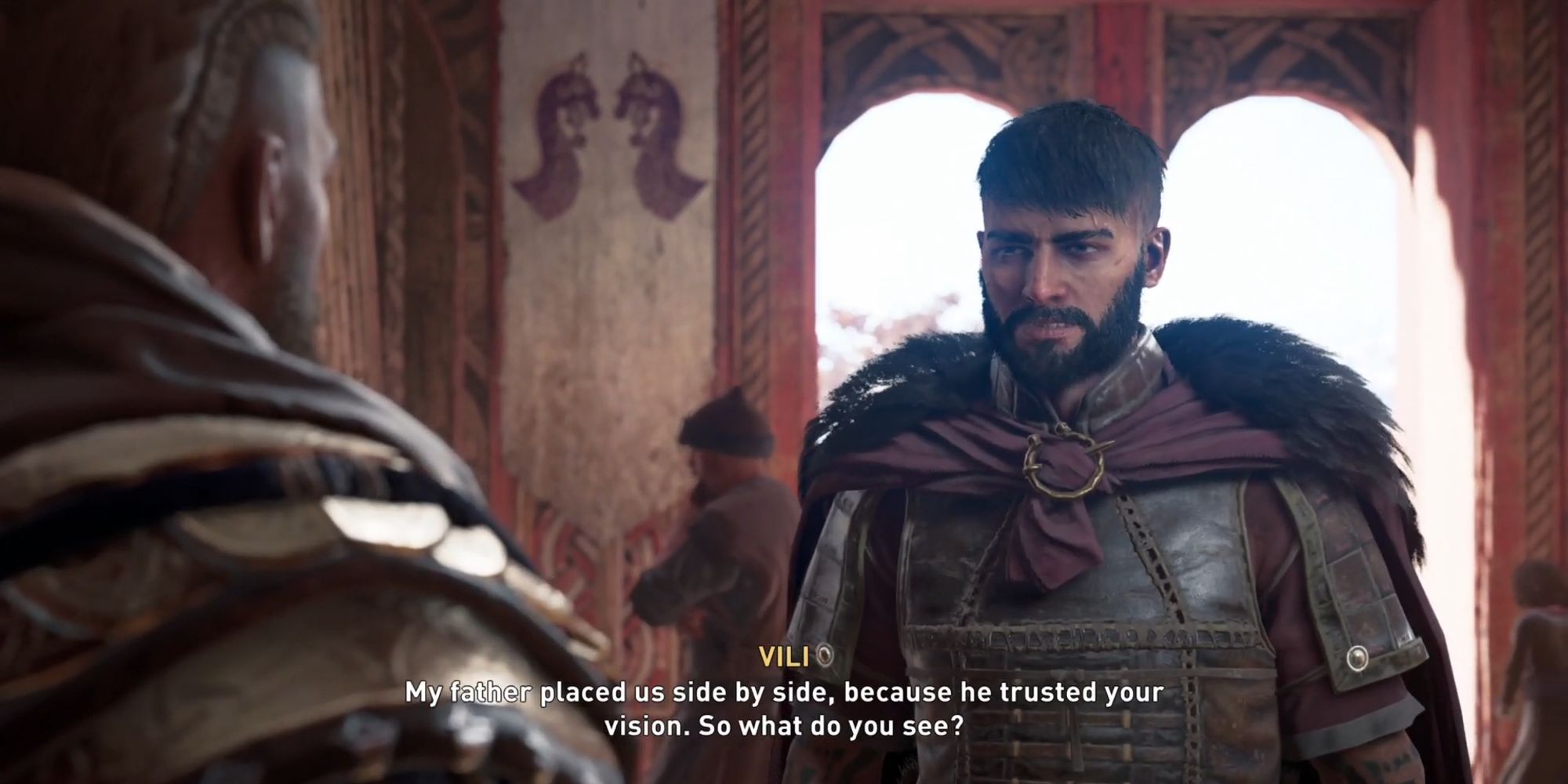 Assassin's Creed Valhalla screenshot Vili speaking with Eivor at funeral
