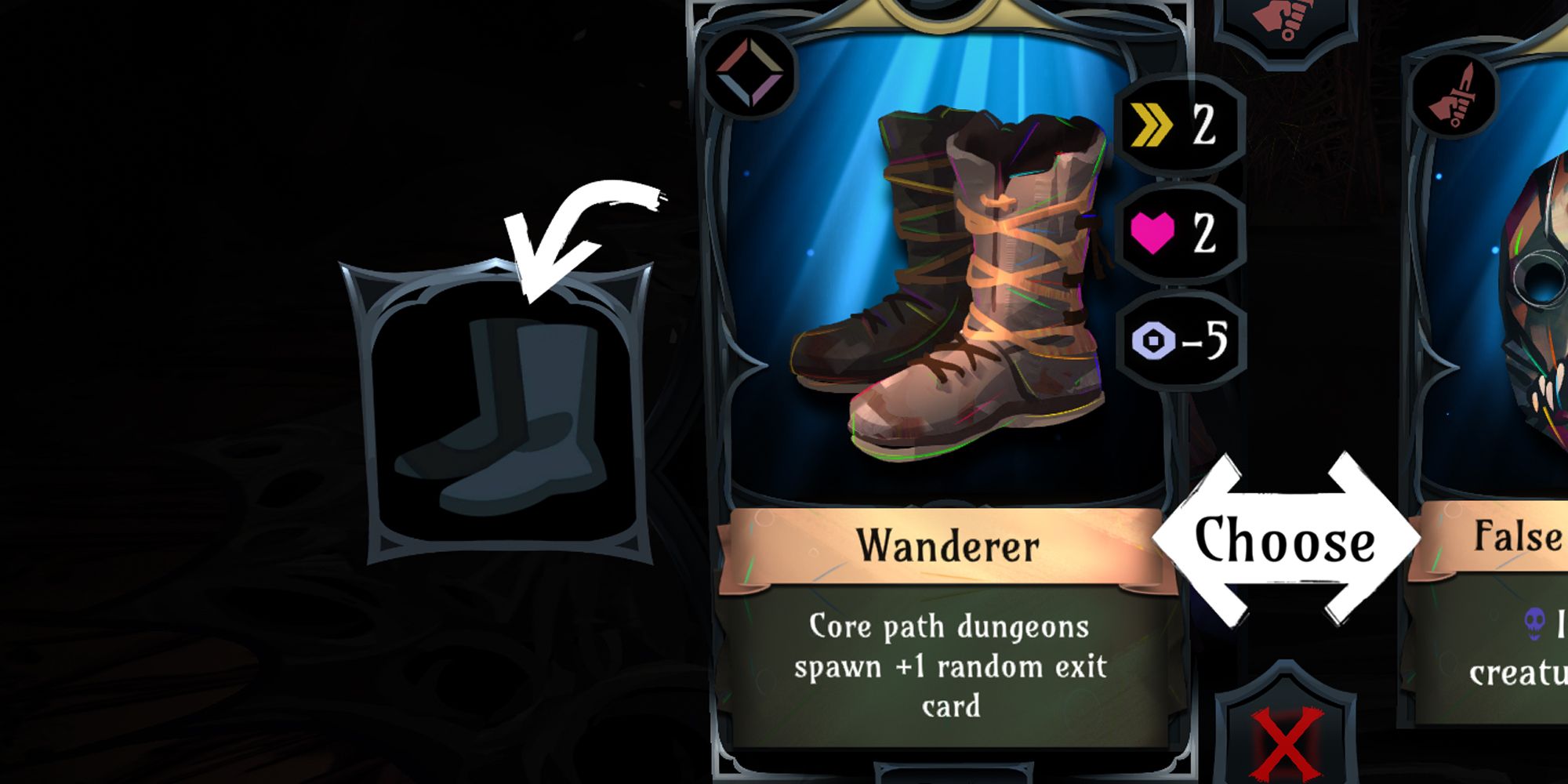 Ring Of Pain. Wanderer card selection screen with info.