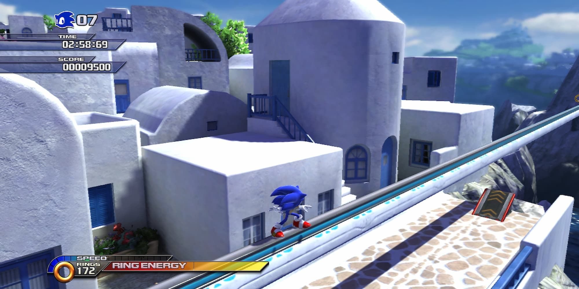 Sonic grinding on a rail in Windmill Isle