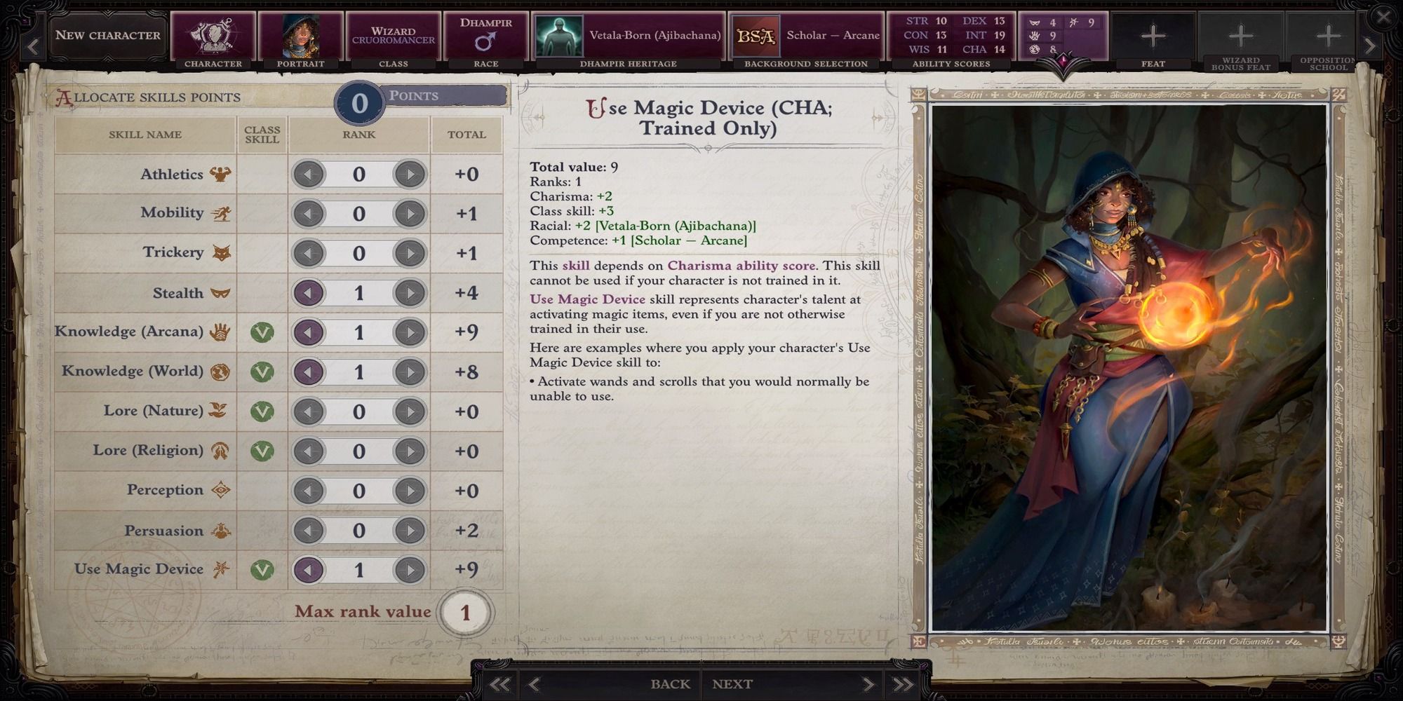 Wizard Allocate skill points screenshot character creation