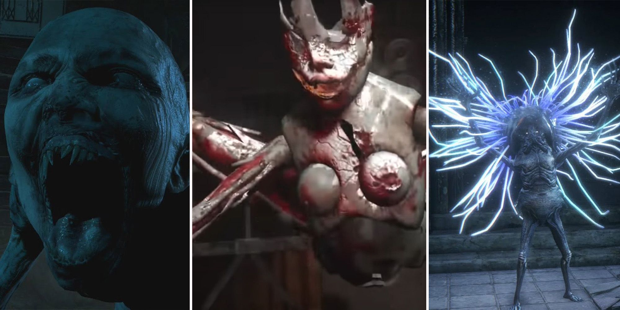 Worst Horror Bosses Feature Image featuring Scarlet from Silent Hill: Homecoming, Celestial Emissary from Bloodborne, and Wendigo from Until Dawn