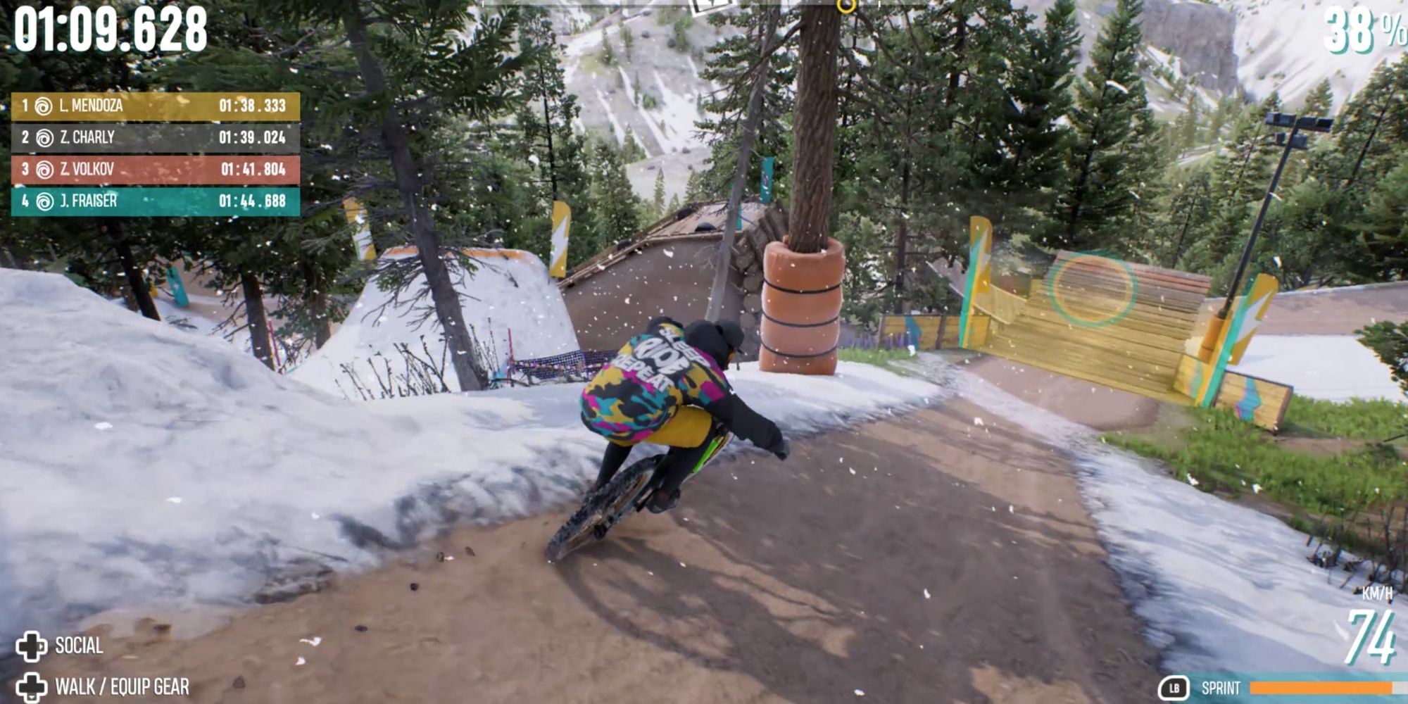 Riders Republic. Bike riding race on a snowy gravel path.