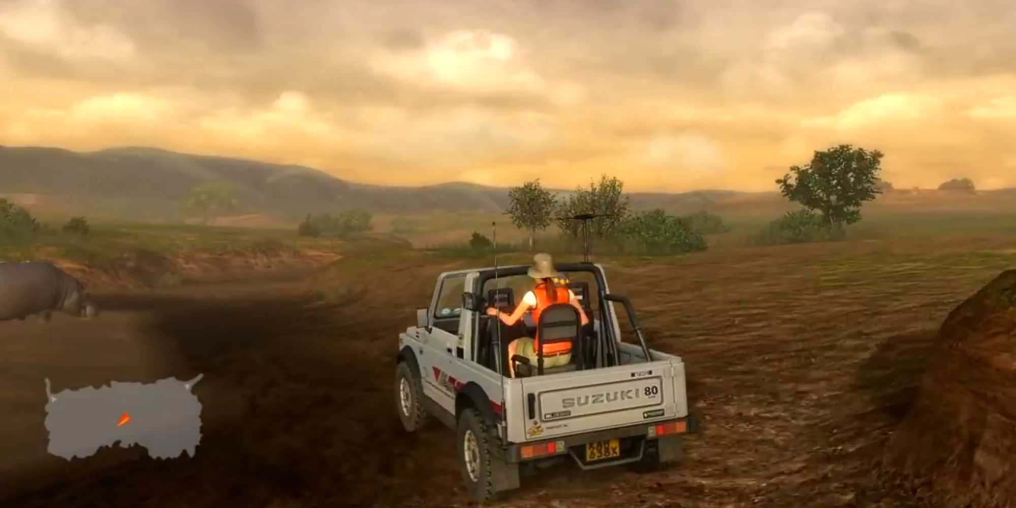 The player character drives a Jeep past a hippopotamus in Afrika