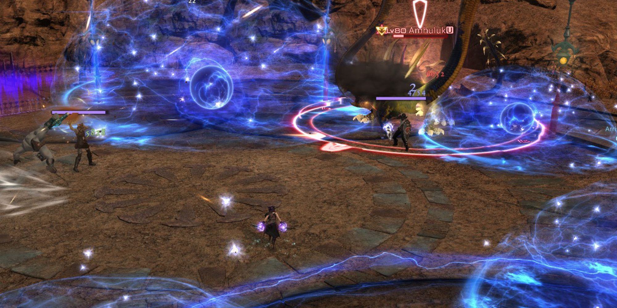 amhuluk, the first boss of Paglth'an using electric attacks to cover the arena