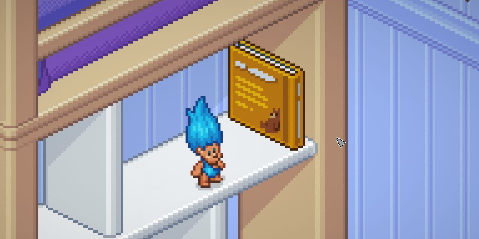blue haired troll doll in unpacking