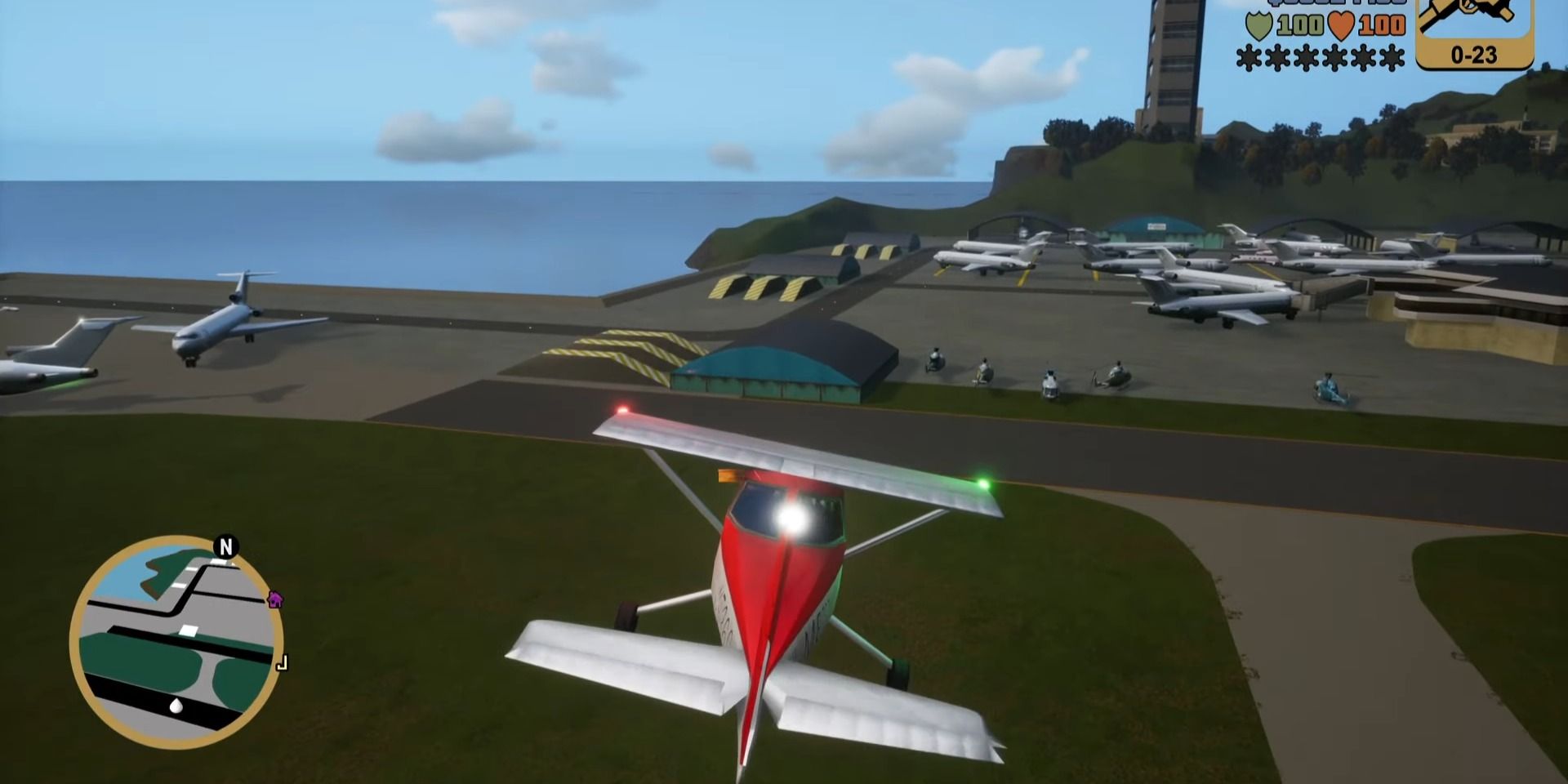 A screenshot showing Claude flying a plane in Grand Theft Auto 3 - The Definitive Edition