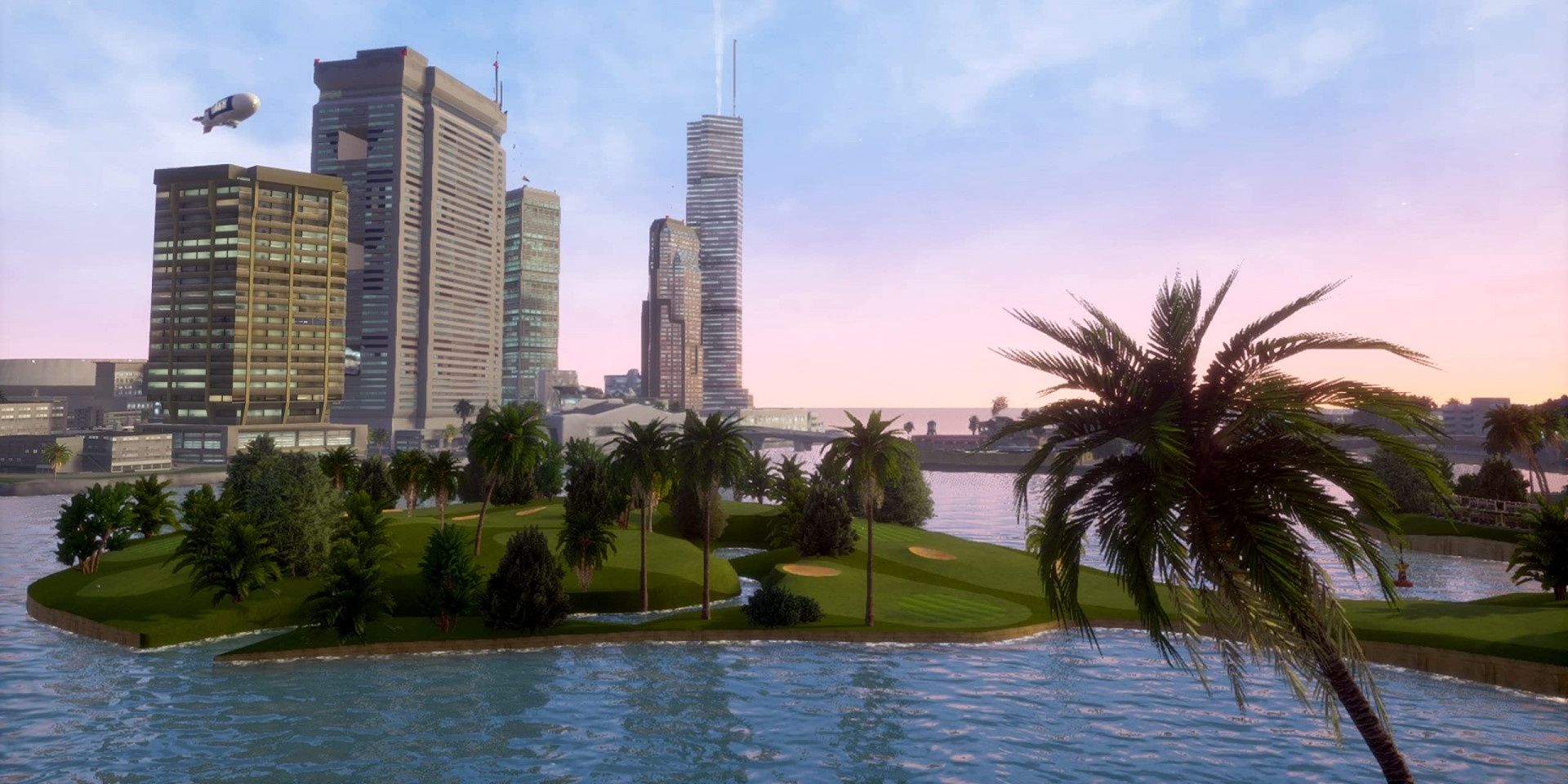 A screenshot showing an island in Grand Theft Auto: Vice City - The Definitive Edition