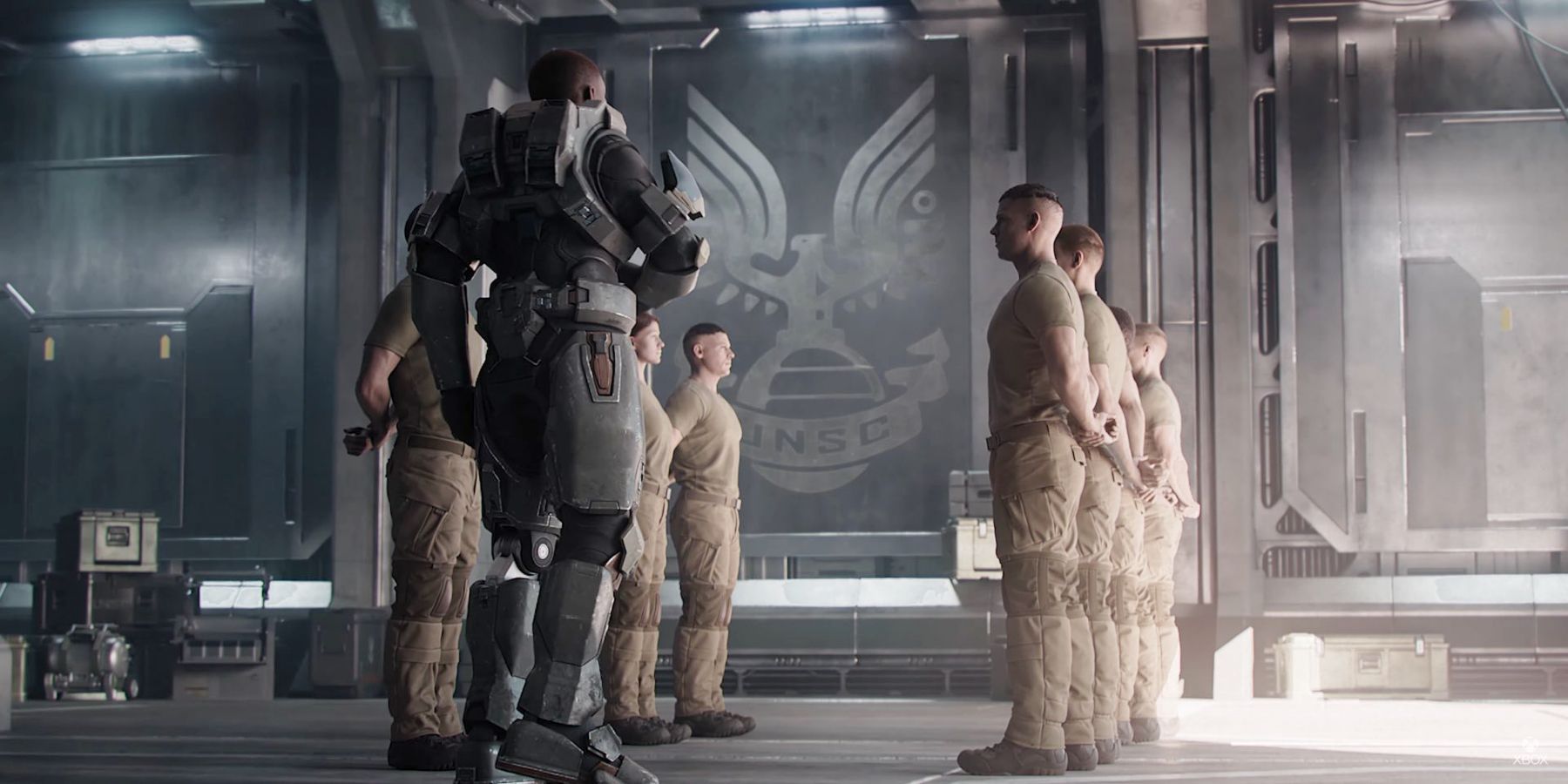 A screenshot showing recruits in the Spartan Academy in Halo Infinite
