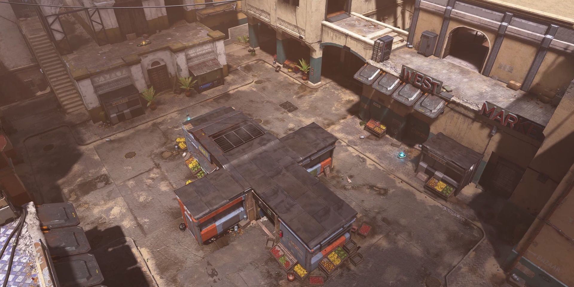 A screenshot showing an overhead view of the Bazaar map in Halo Infinite