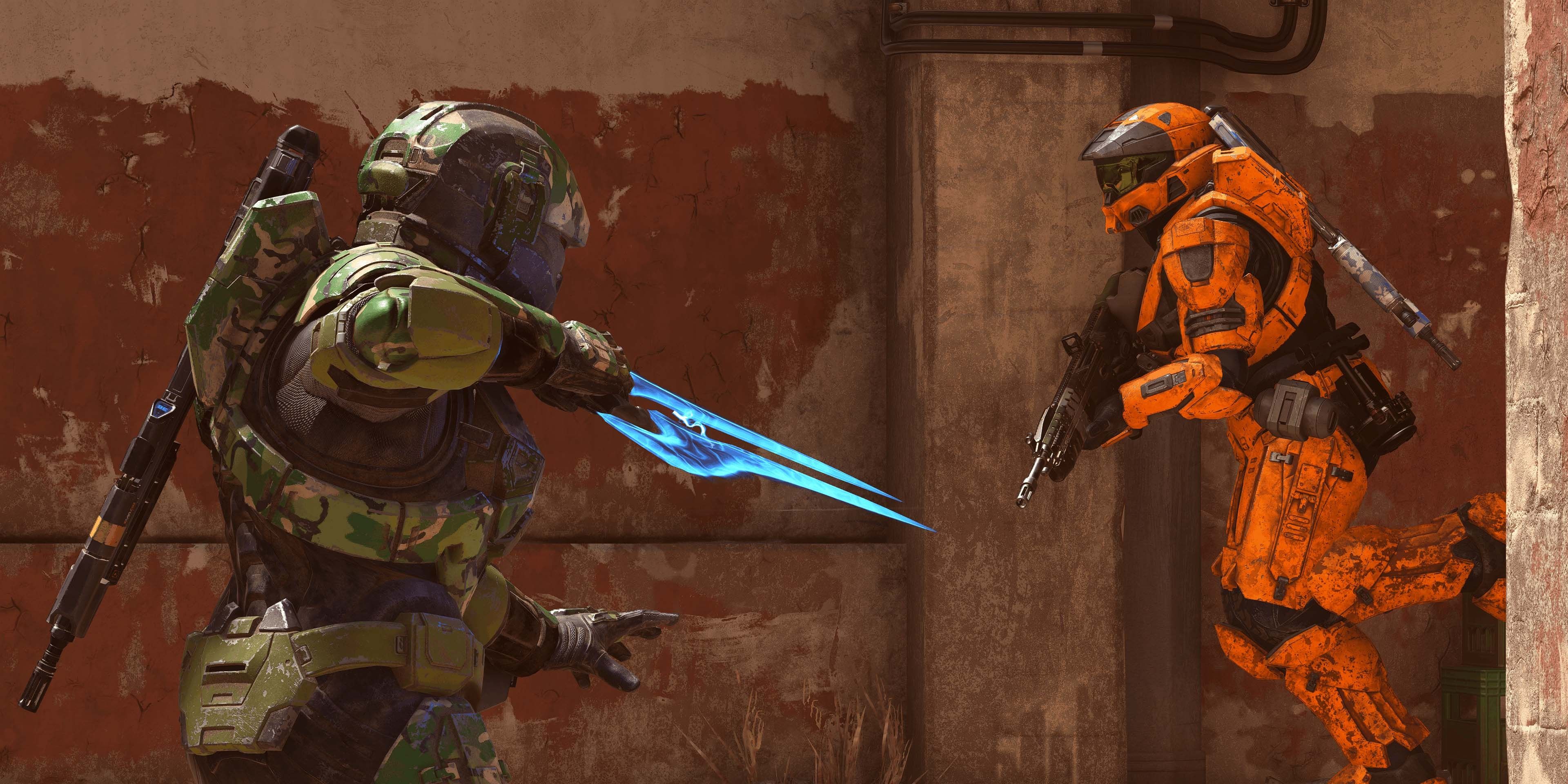 A screenshot showing a Spartan getting ambushed with an Energy Sword in Halo Infinite