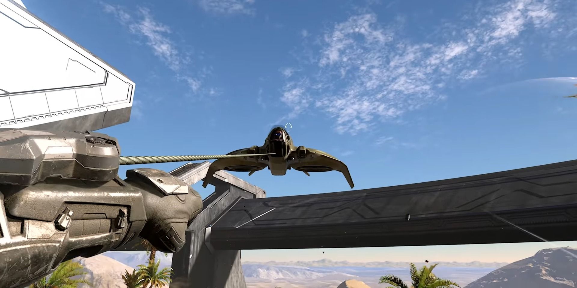 A screenshot showing a Spartan performing a grapplejack in Halo Infinite