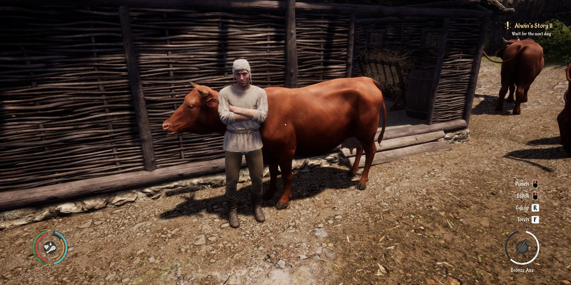 villager standing next to cow