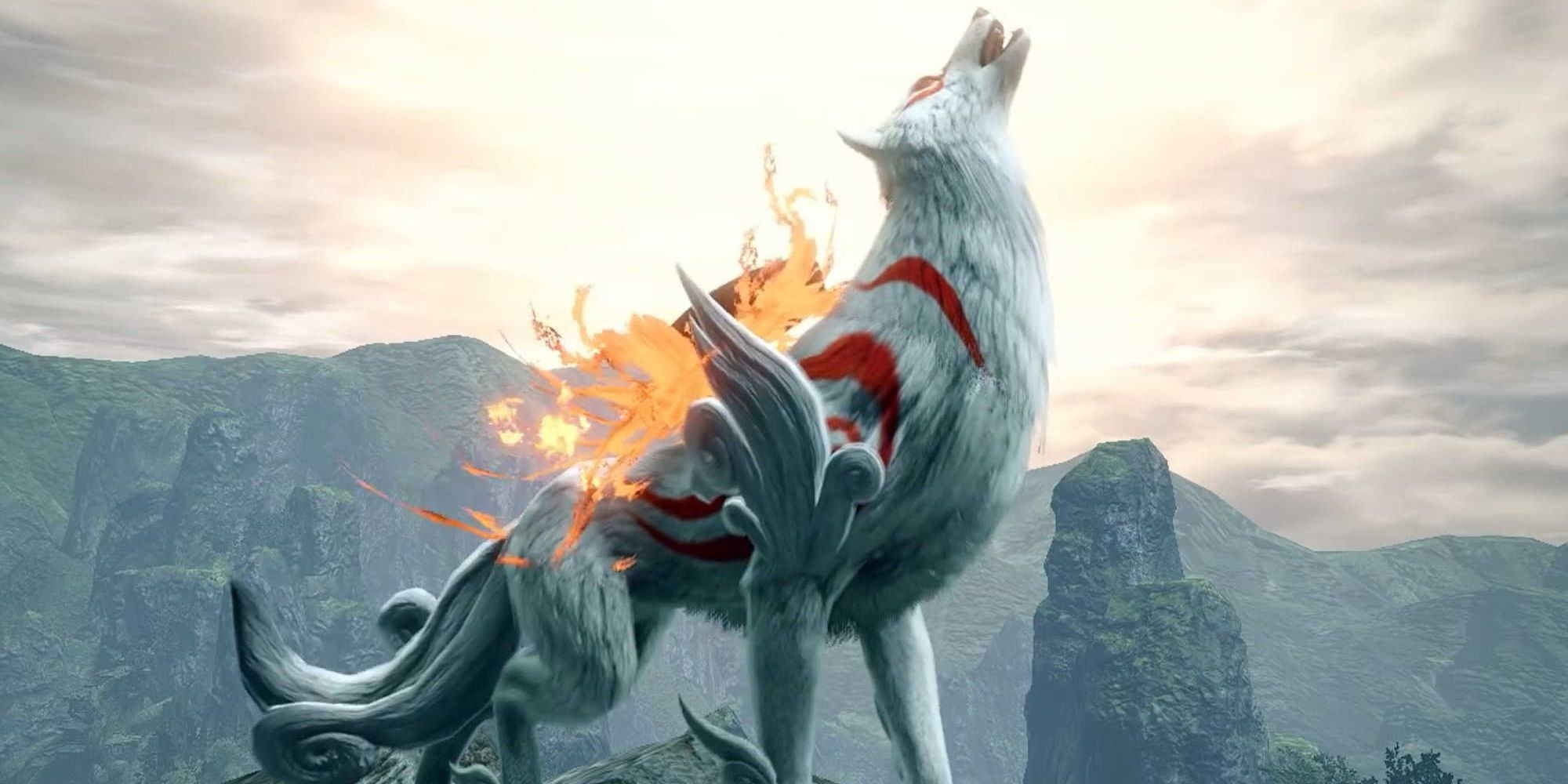 Amaterasu howling on a mountain top in Rise