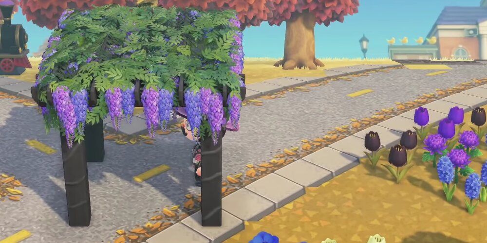 A Black Pergola With Purple Flowers Shown Through A Screenshot Of Someone's Animal Crossing Island Game Play.