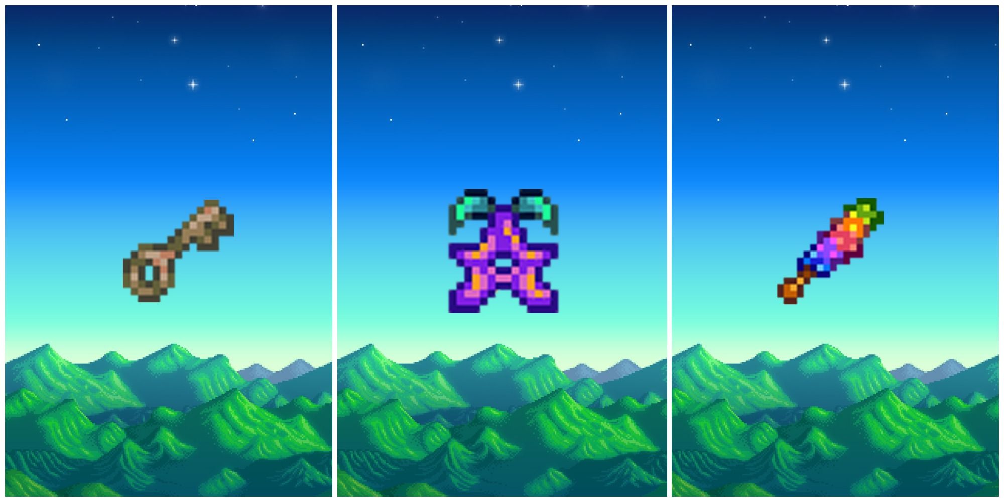 Split image of Rusty Key, Stardrop, and Magic Rock Candy from Stardew Valley on a pixel mountain background