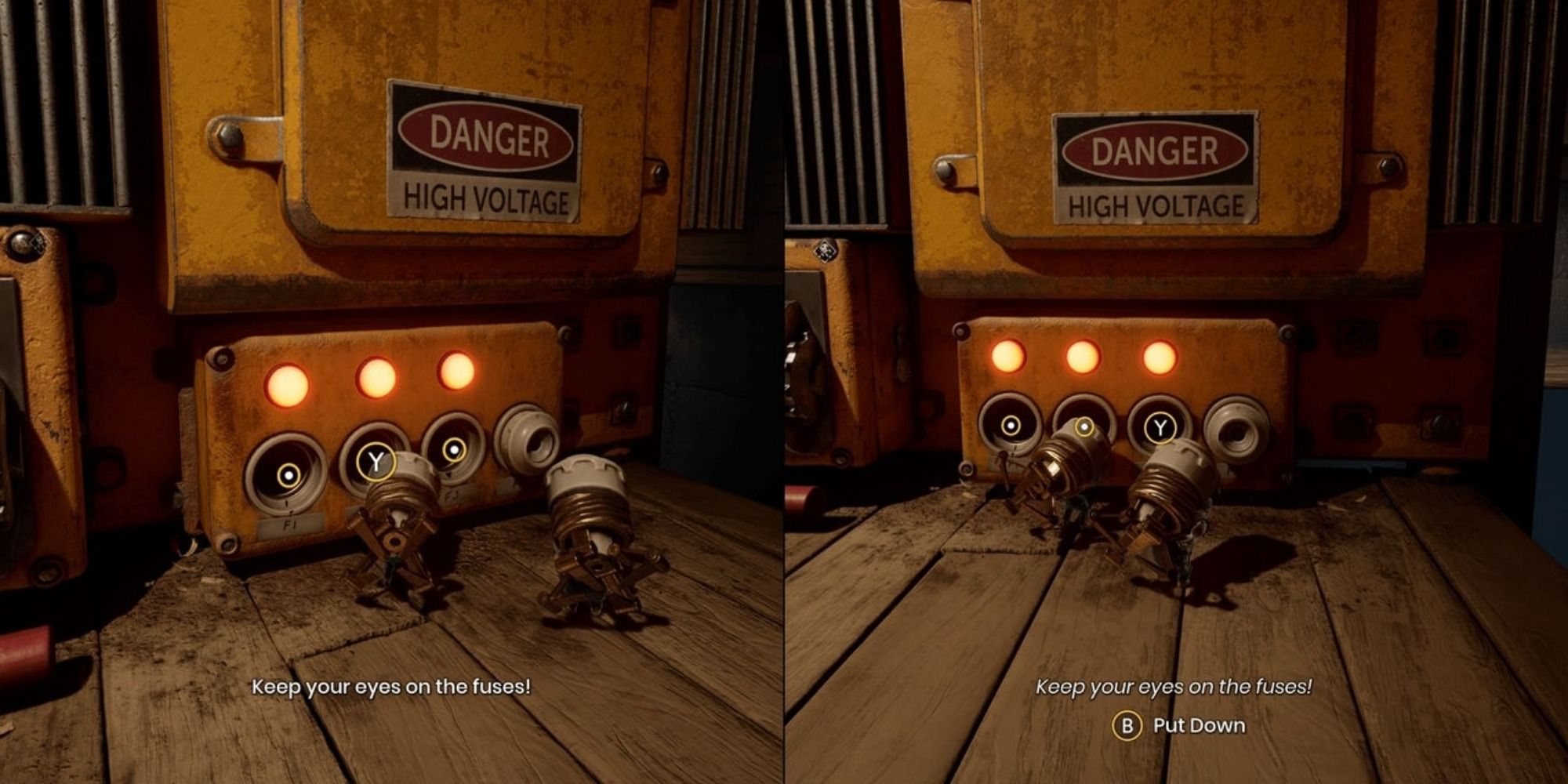 Cody and May lift fuses into a yellow generator labeled "Danger High Voltage"