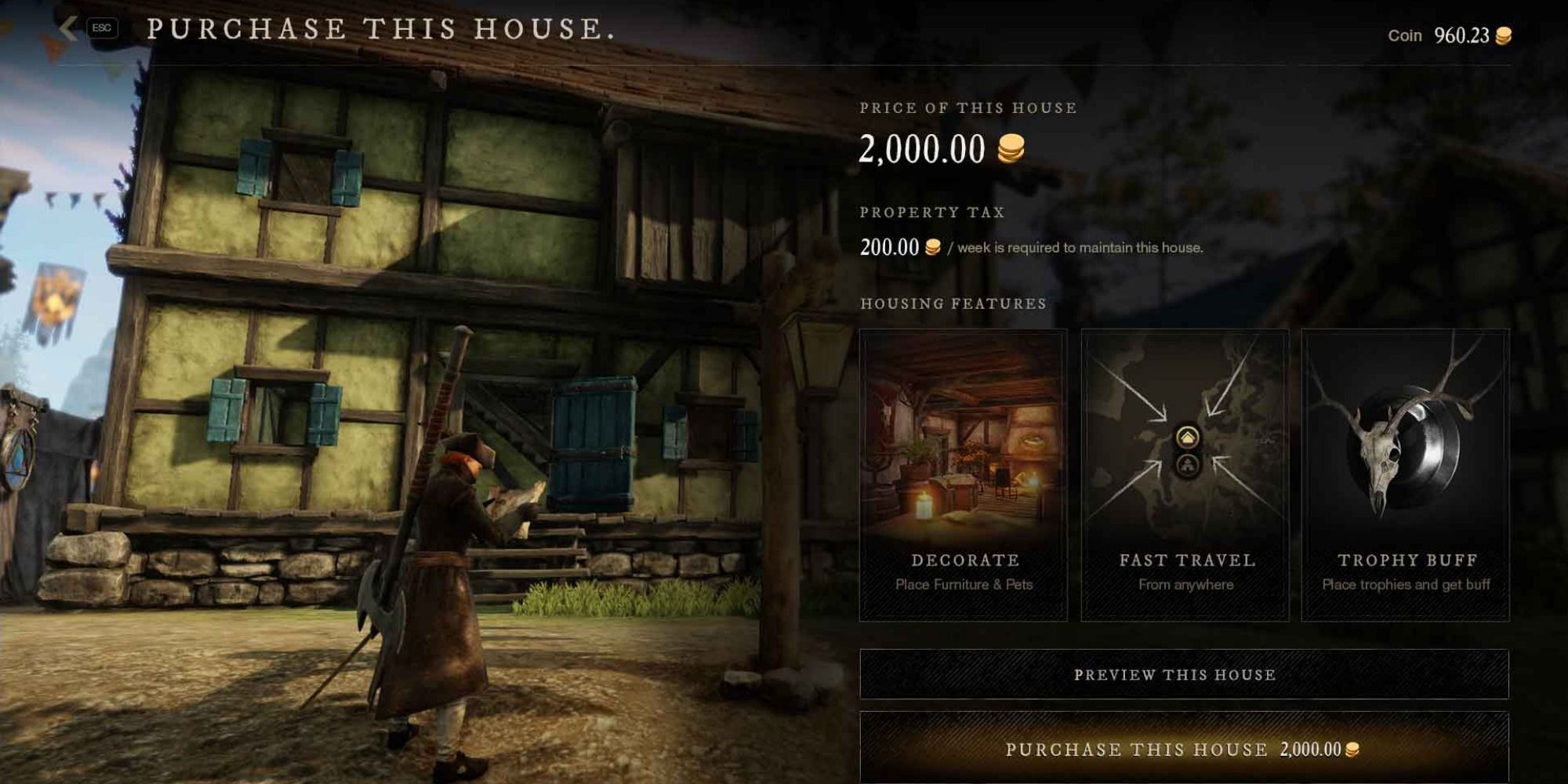 A player purchases a home in New World, a screen to the the right shows the cost and benefits