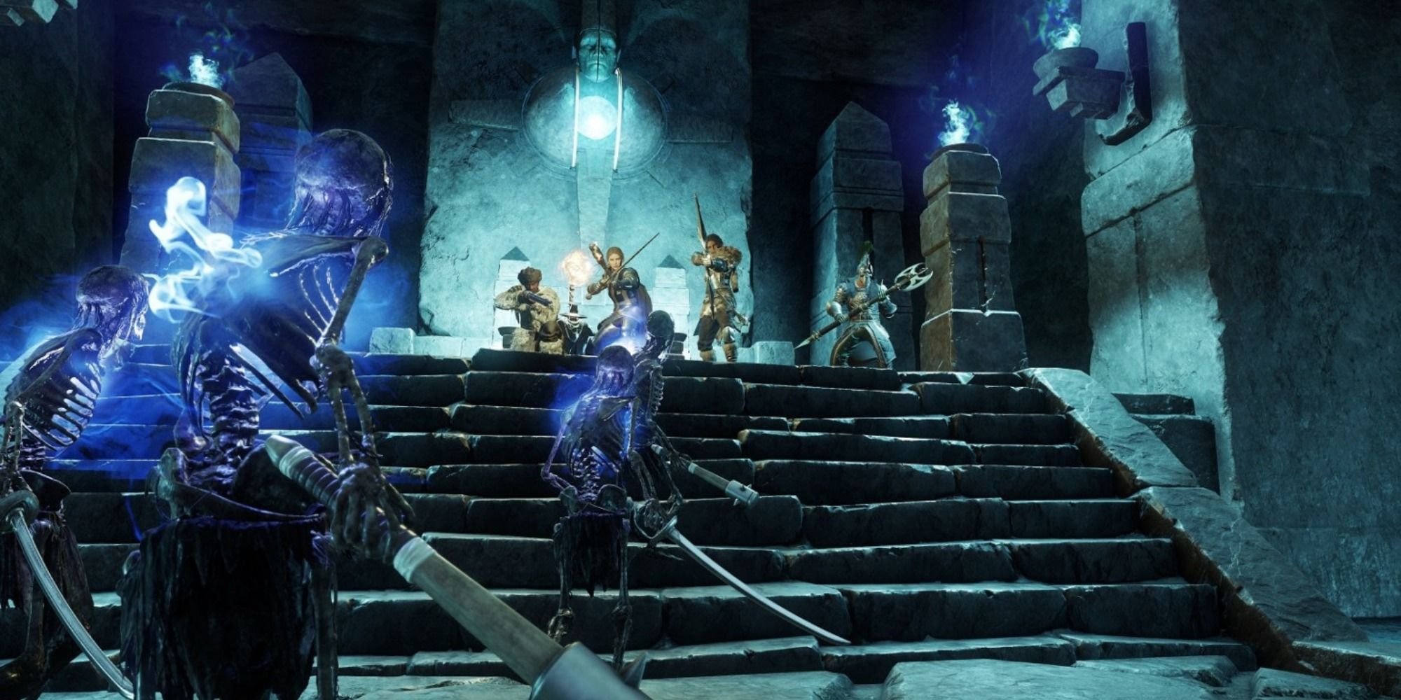 Glowing skeletons climb stairs towards armed players in a dungeon