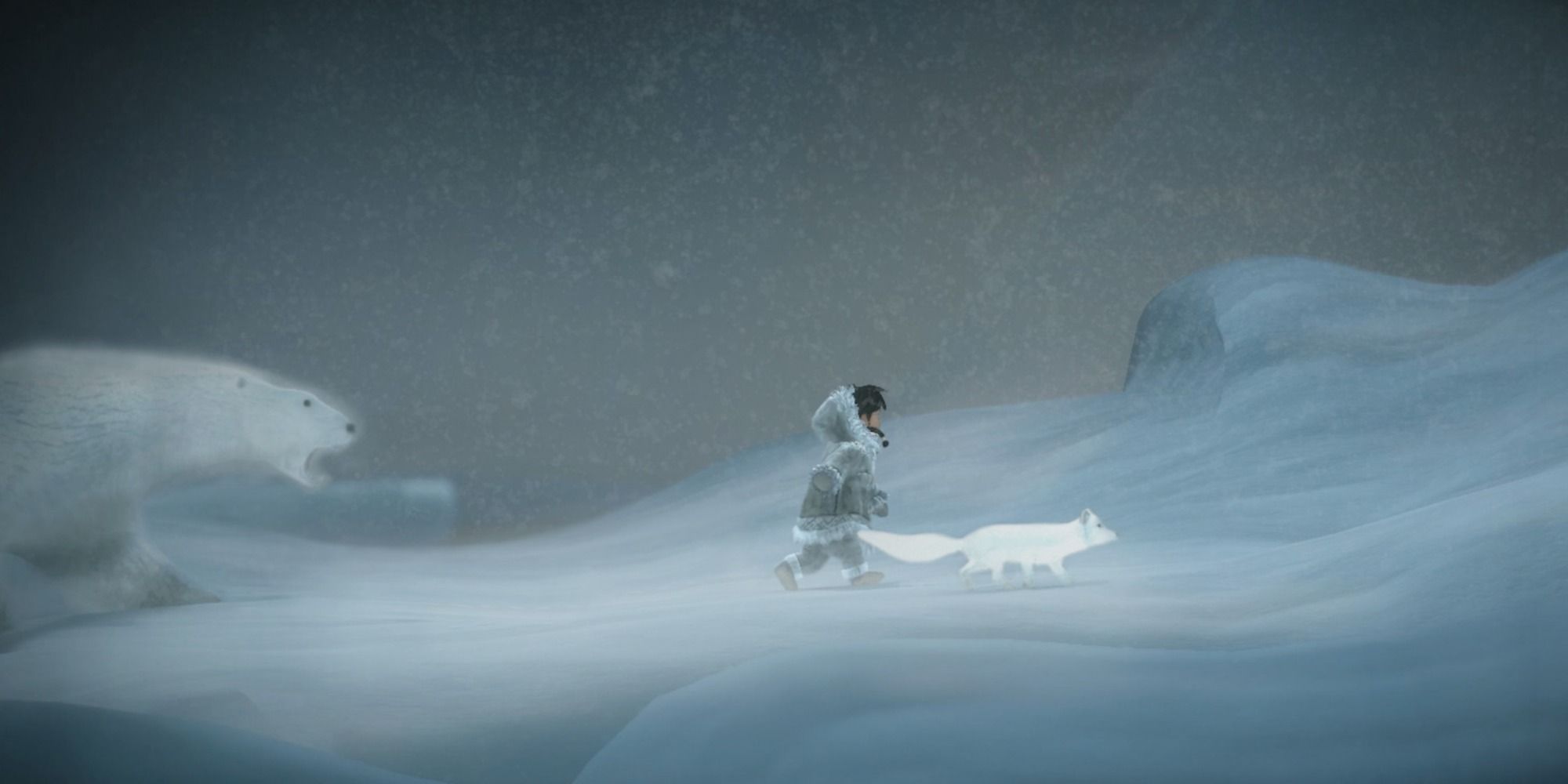 Nuna and Fox run away from a polar bear chasing them across the ice