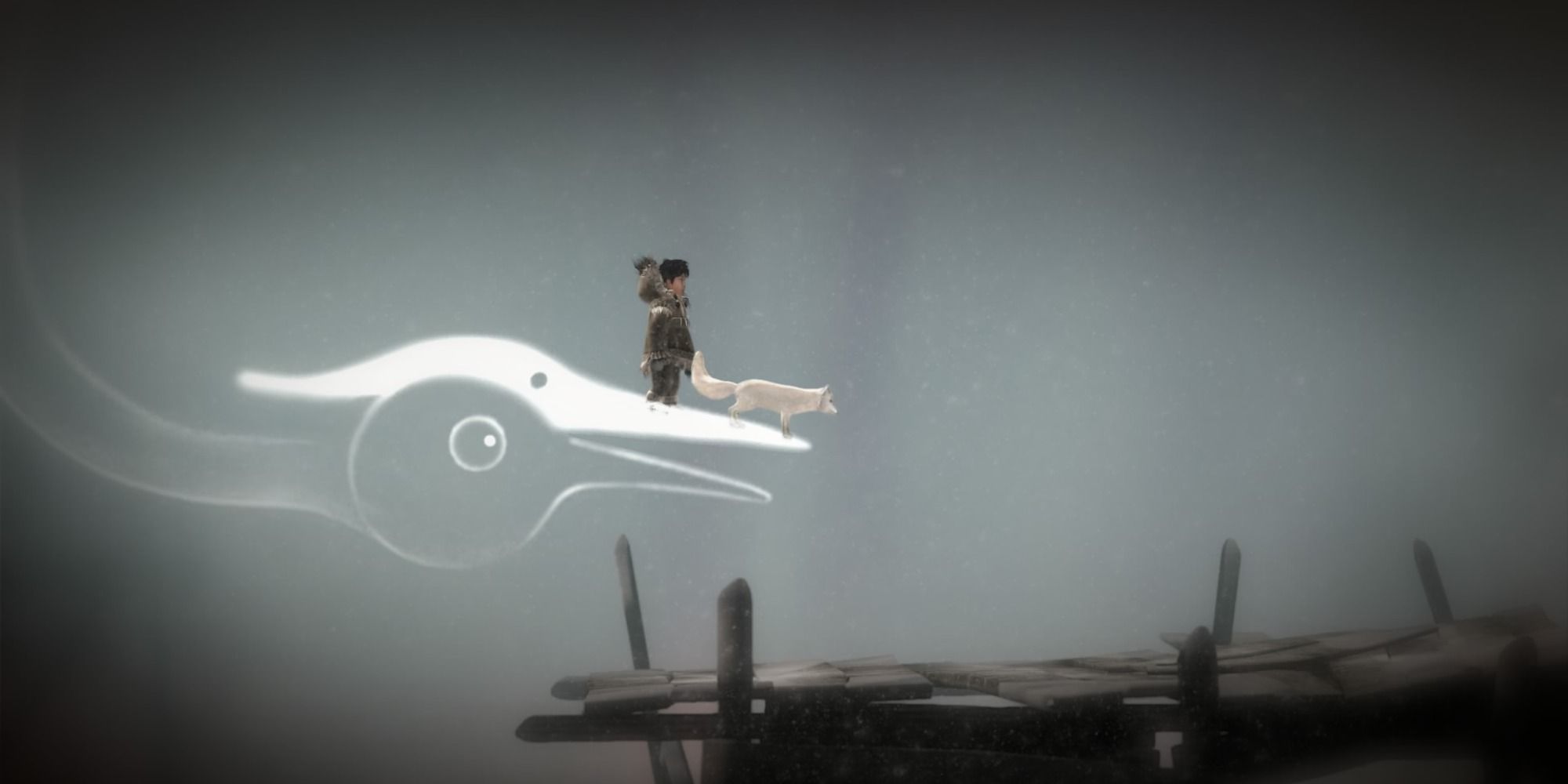 Nuna and Fox ride on top of a loon spirit which brings them to a platform