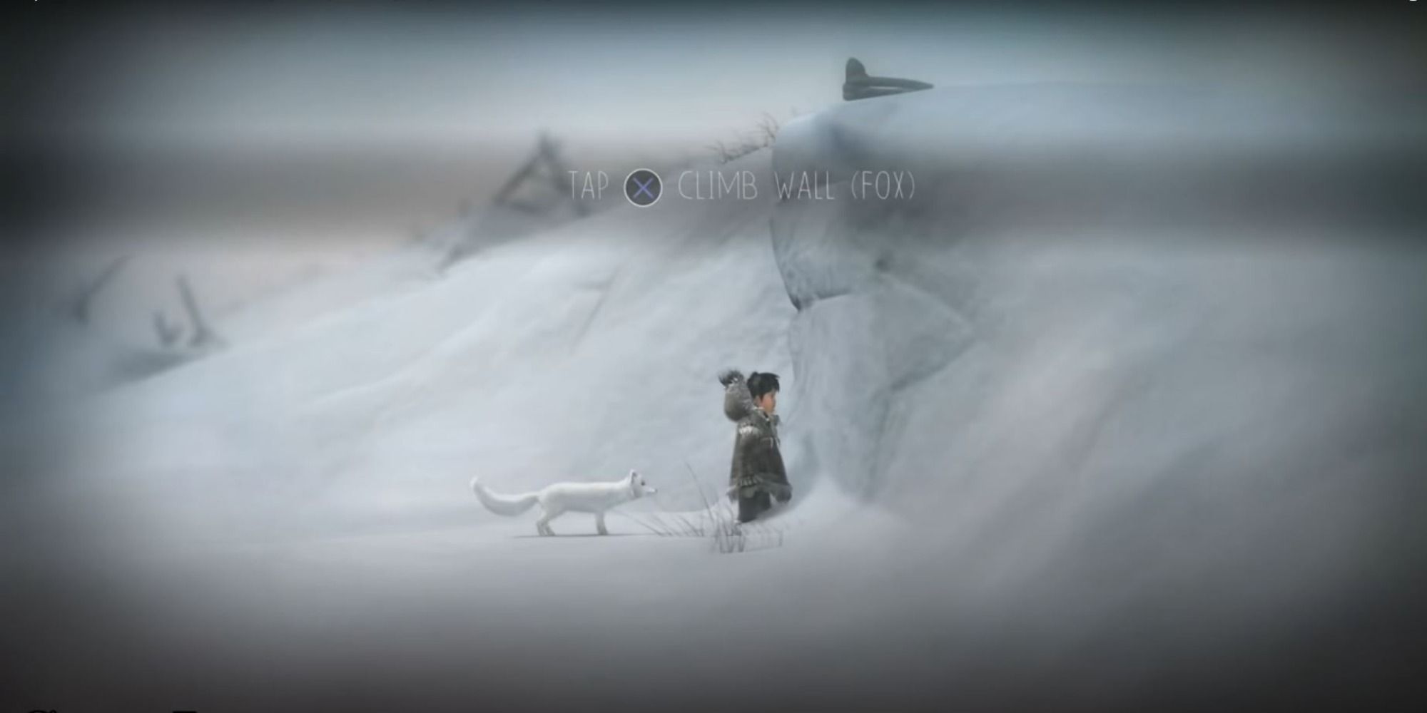 Nuna and Fox stand before a tall icy wall, a prompt for "climb wall (fox)" appearing on screen