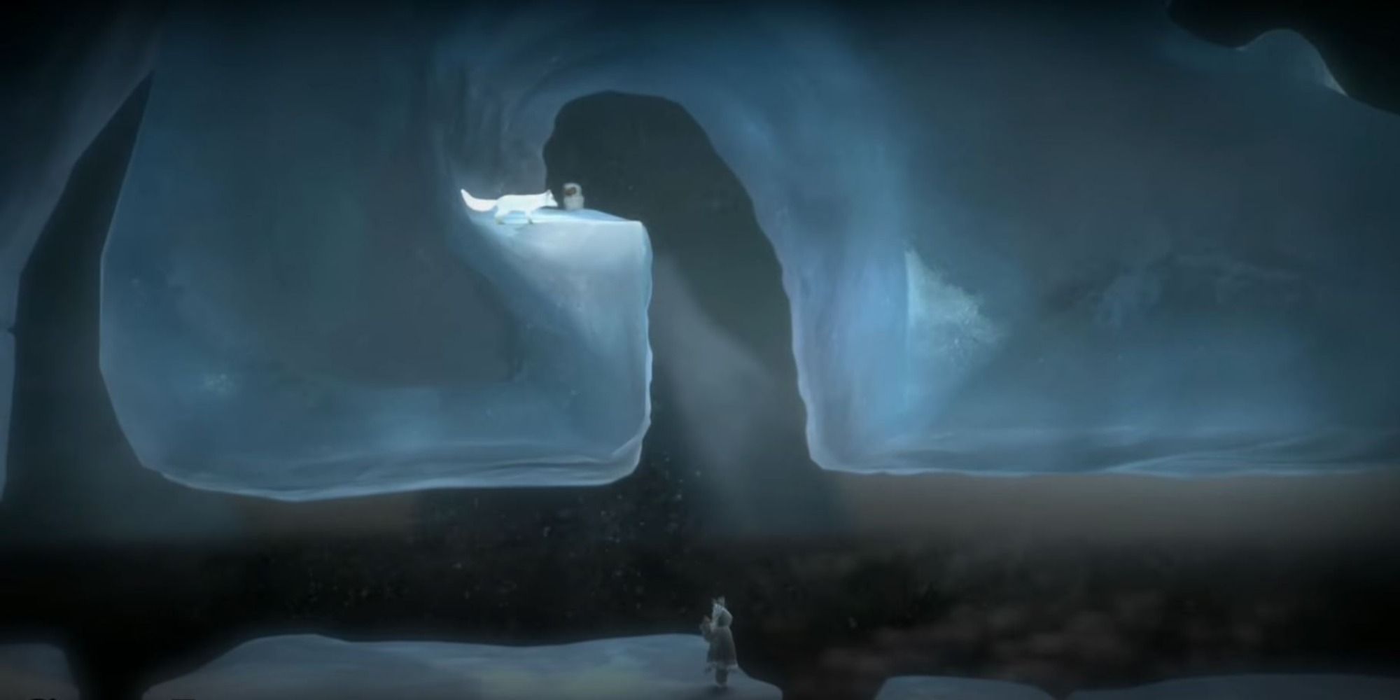 The Fox stands next to the Owl Spirit in a hidden ice alcove, while Nuna waits on a platform below