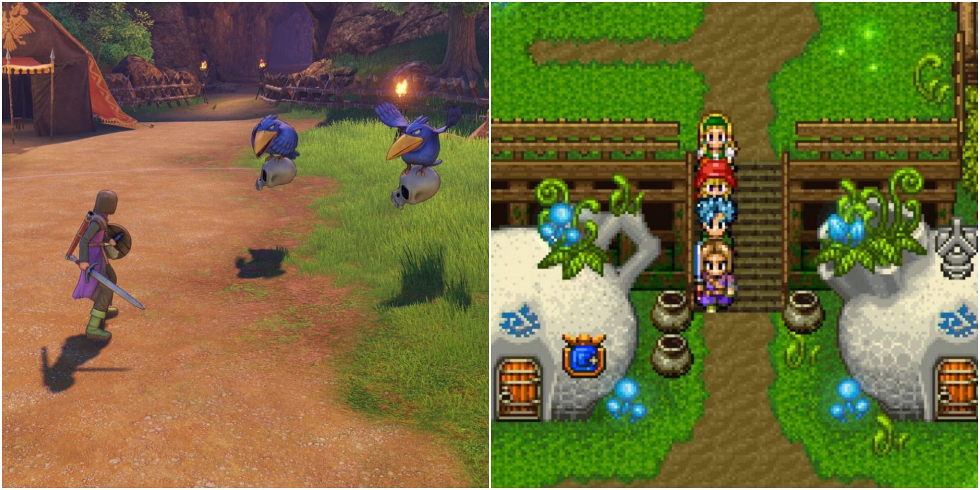 Modern and classic Dragon Quest XI video game screenshots official protagonist battle party travelling