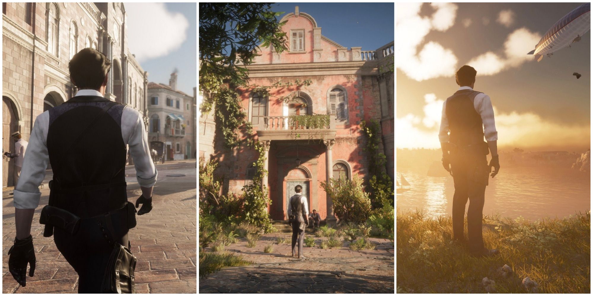 sherlock walking on street, in front of manor, sunset featured