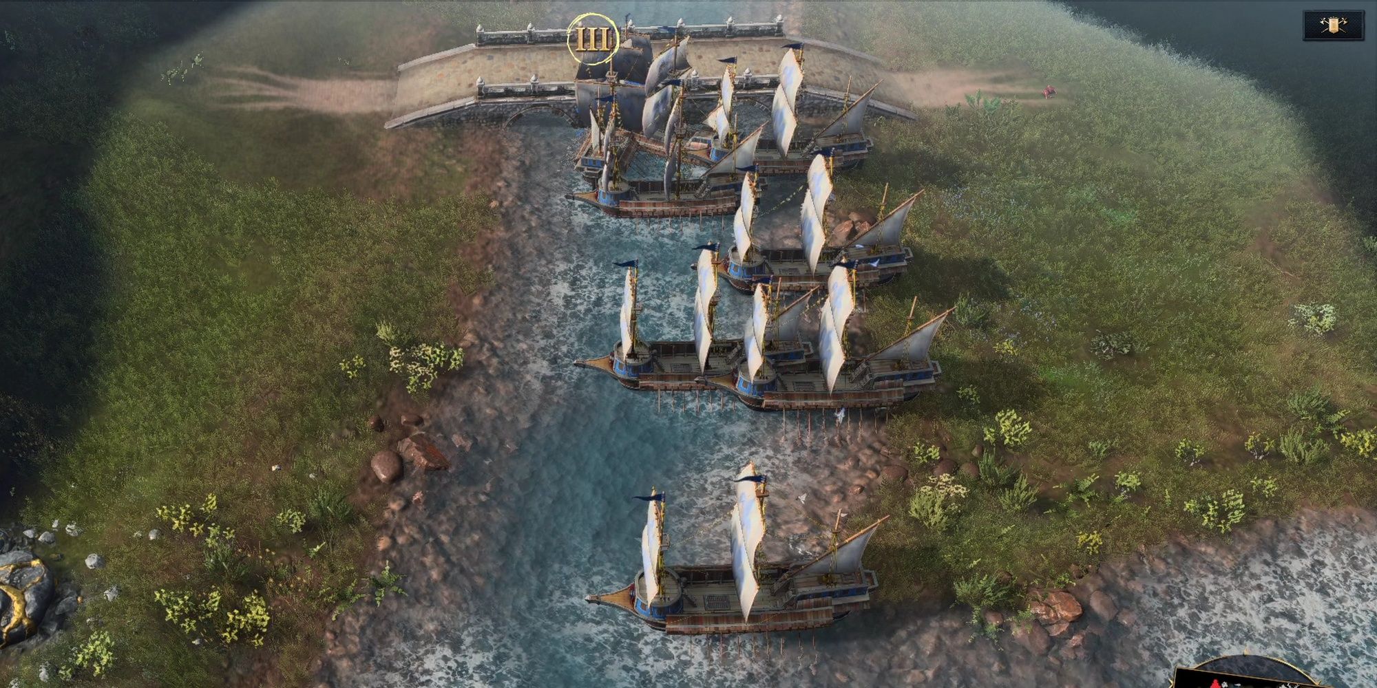 Age Of Empires IV: Large Warships Comically Stacked In Small River