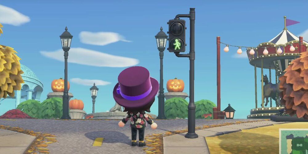 A Screenshot From Animal Crossing Game Play Showing The Crosswalk Signal On A Player's Island.