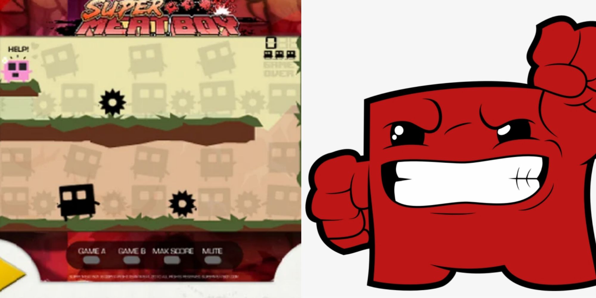 A screenshot of Super Meat Boy Handheld, showing its less distinct character design, alongside an image of Super Meat Boy